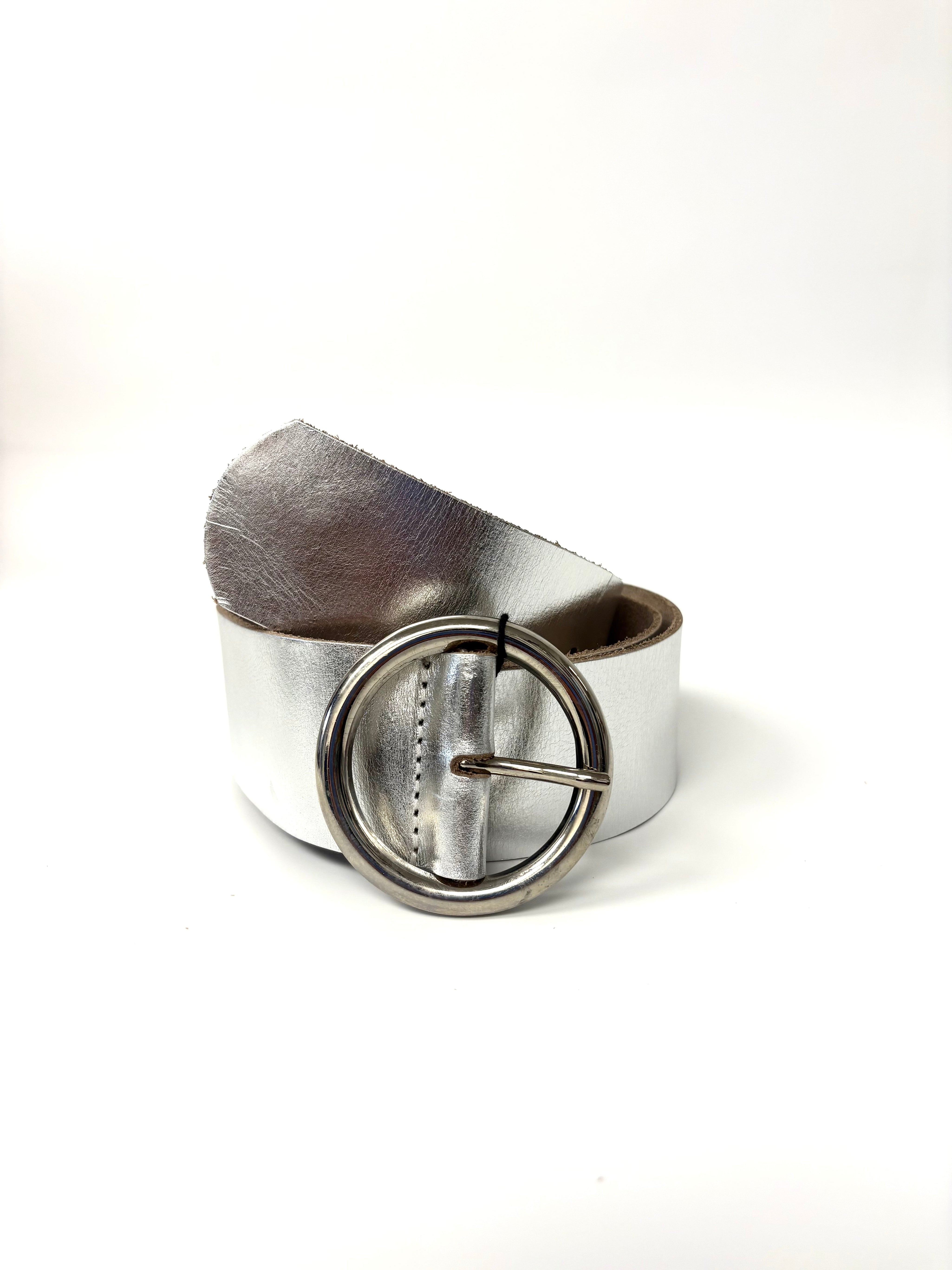 Ceinture en Cuir Métallique Argent Boucle Ronde