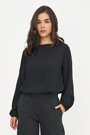Blouse noire fluide à manches bouffantes, vue de face