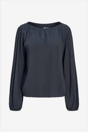 Blouse noire à manches bouffantes et bas élastiqué, vue à plat