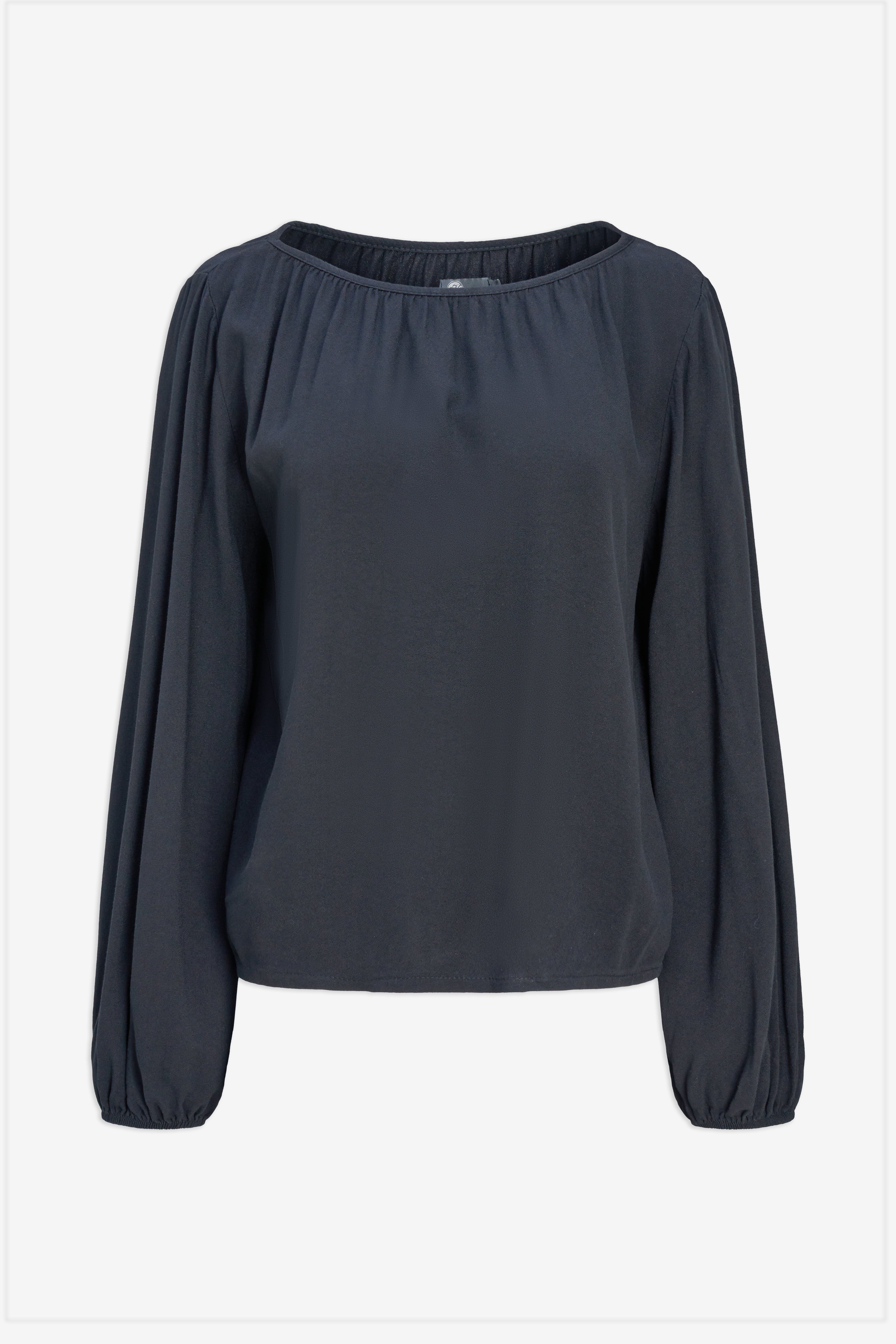 Blouse noire à manches bouffantes et bas élastiqué, vue à plat