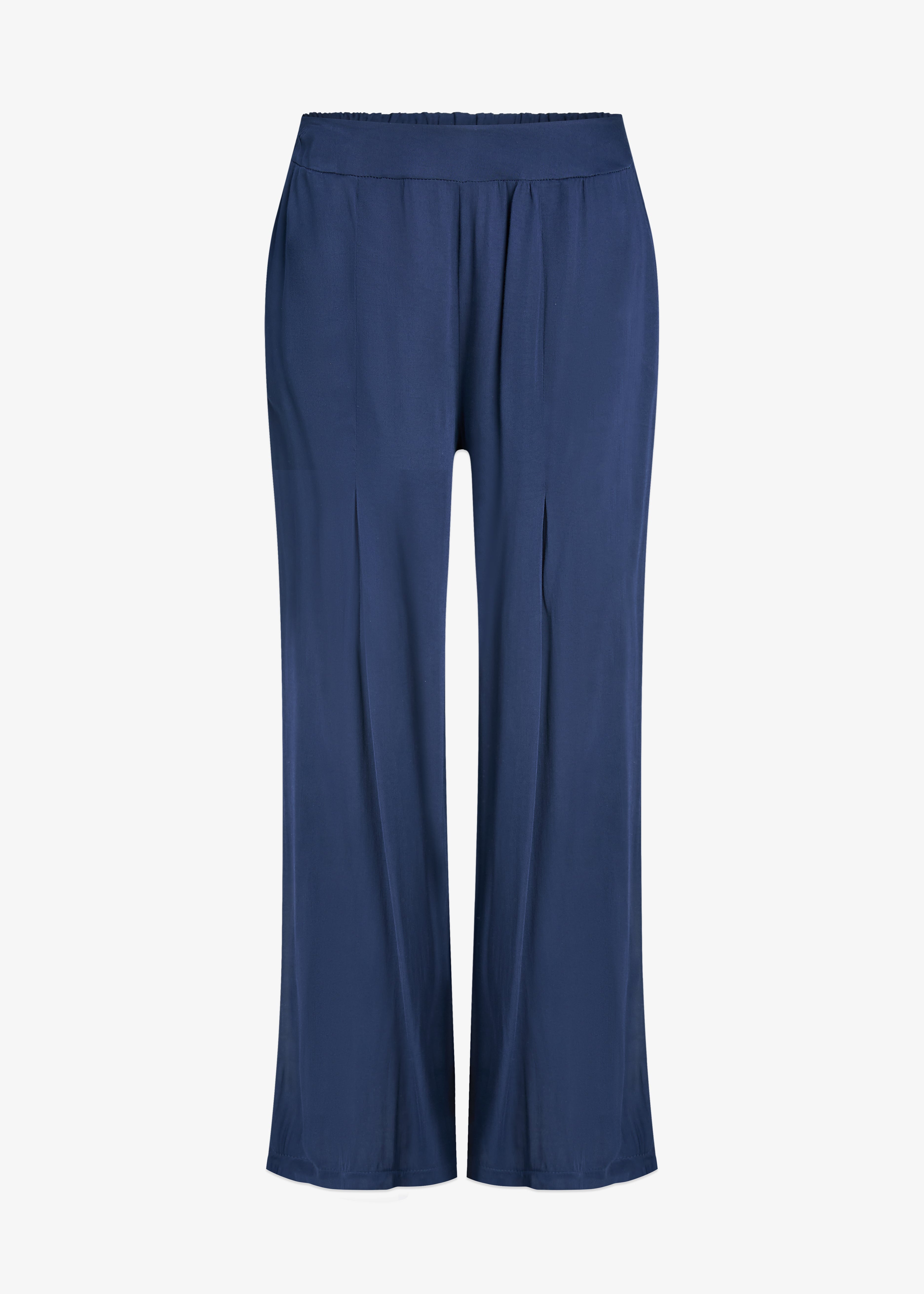 Pantalon large et fluide de couleur bleu marine avec une taille élastique confortable et un pli central élégant, marque M made in Italy.