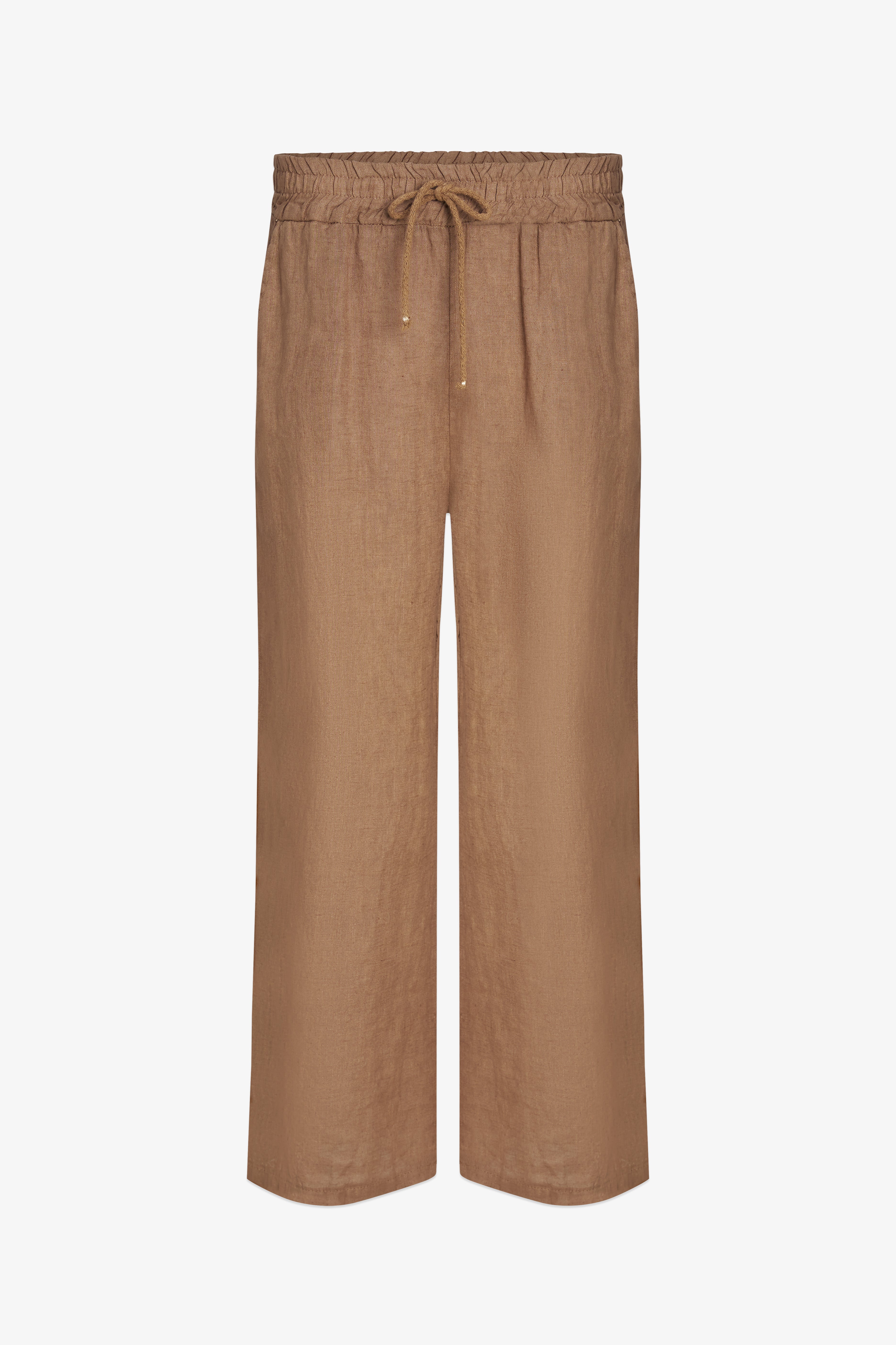 Pantalon à jambe large de couleur moka riche, doté d'une taille élastique confortable et d'une texture de lin naturel.