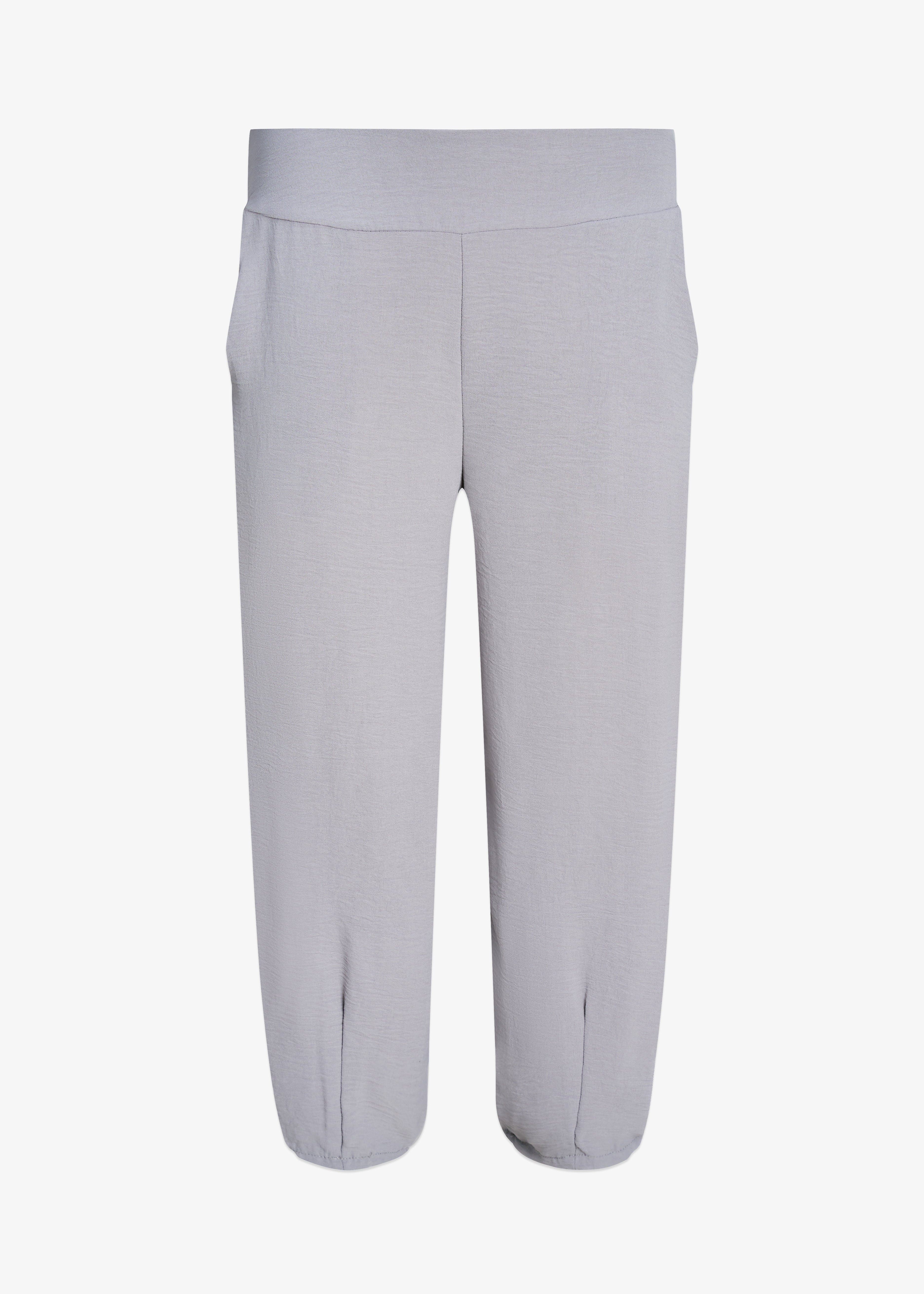 pantalon fluide gris brouillard de la marque M made in Italy, coupe large et tombé aérien en tissu 100% polyester.