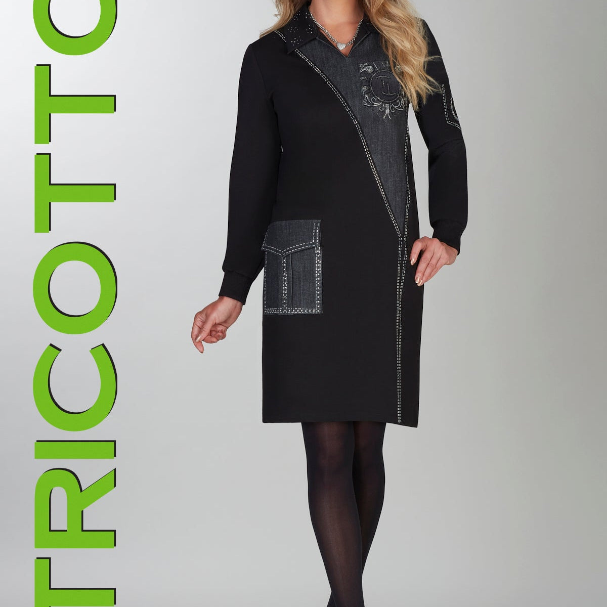 Robe courte ou mi-longue pour femme, style col polo, de couleur noire. Tissu en coton extensible. Marque Tricotto.