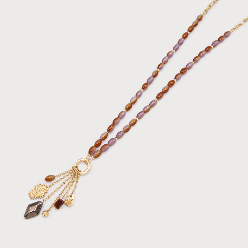 Long Collier à Pierres Ovales et Breloques Doré Caracol, vue du produit