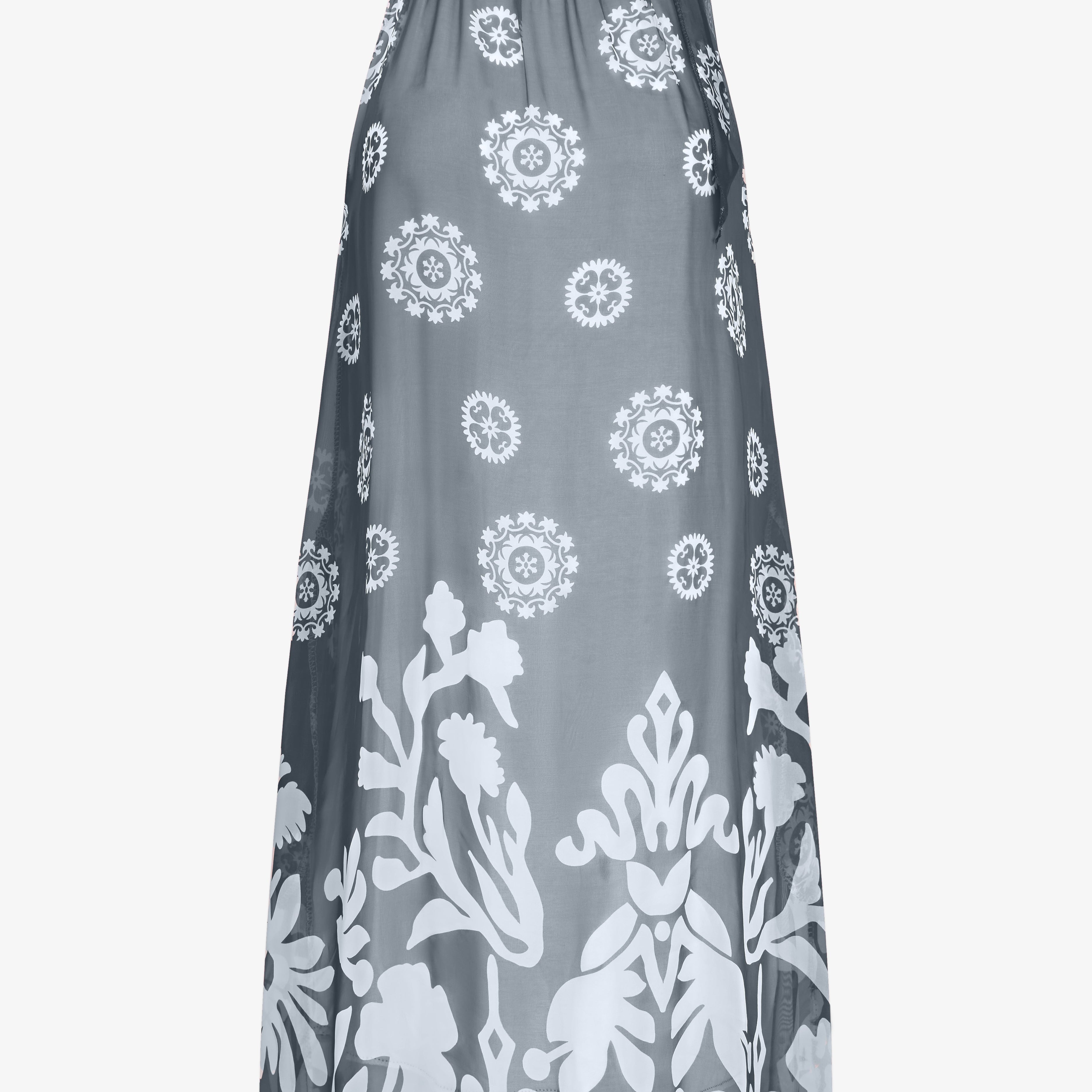 Robe mi-longue pour femme couleur bleu marine avec imprimés élégants, mélange soie et viscose, coupe longueur genoux, création M made in Italy.