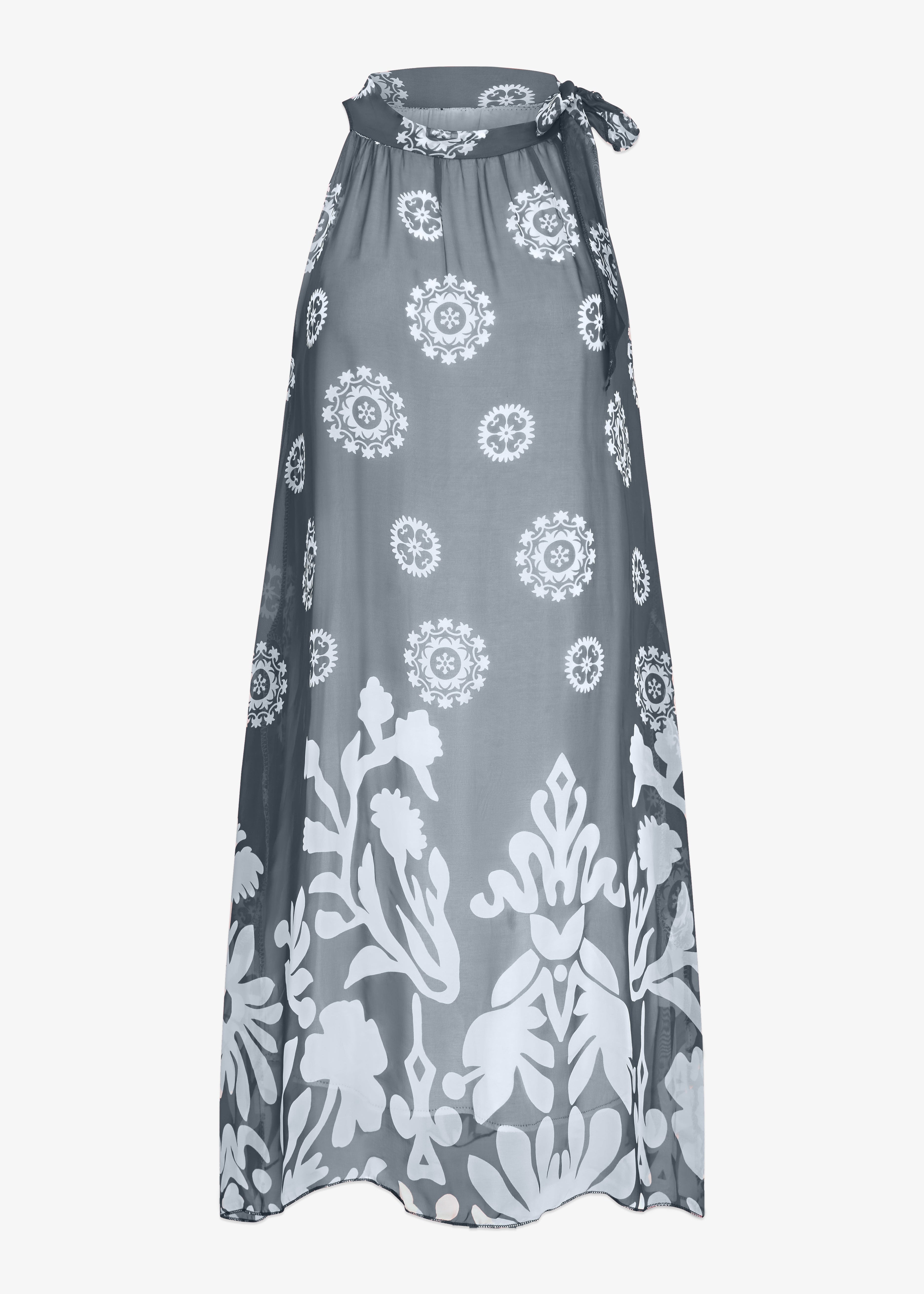 Robe mi-longue pour femme couleur bleu marine avec imprimés élégants, mélange soie et viscose, coupe longueur genoux, création M made in Italy.