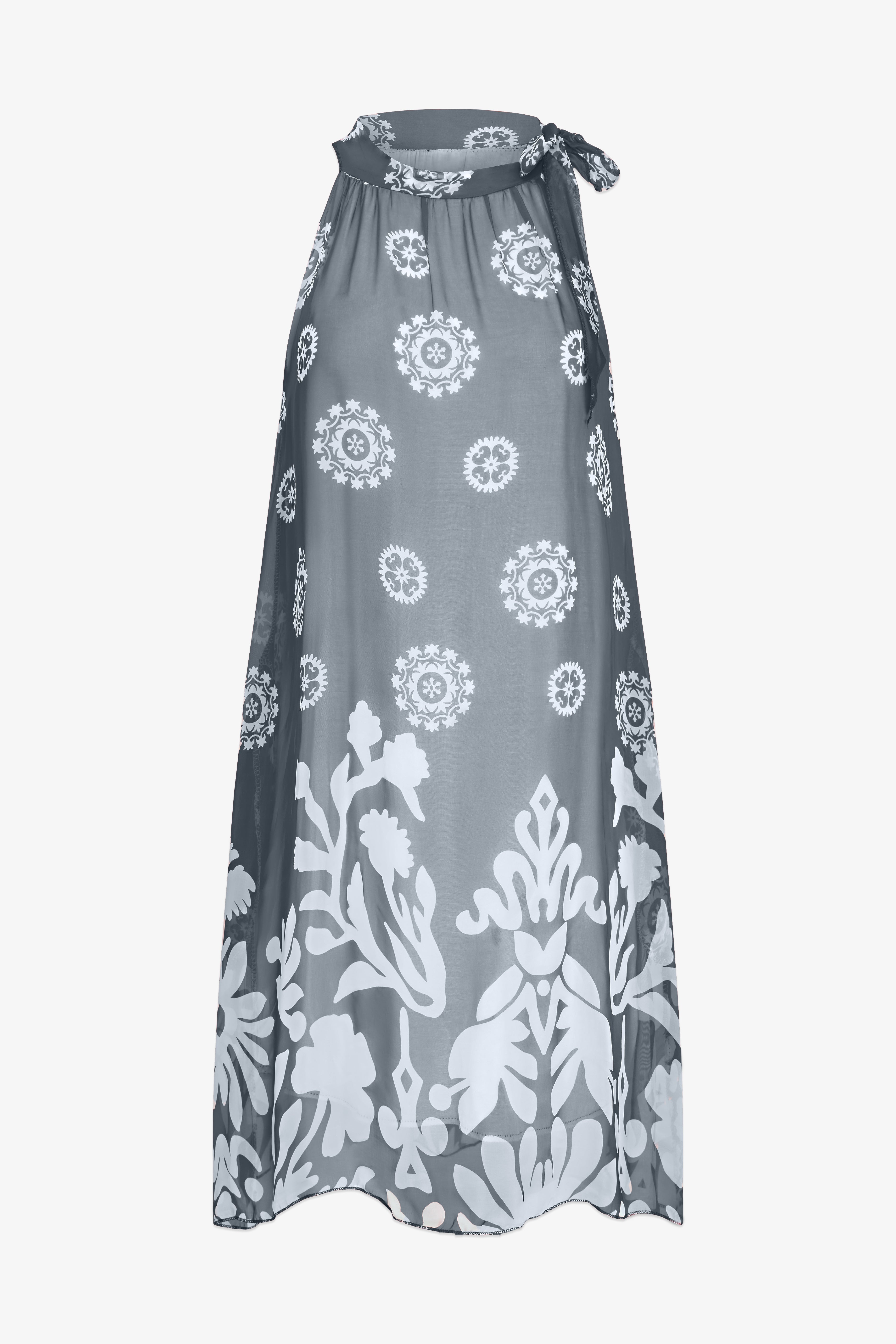 Robe mi-longue pour femme couleur bleu marine avec imprimés élégants, mélange soie et viscose, coupe longueur genoux, création M made in Italy.