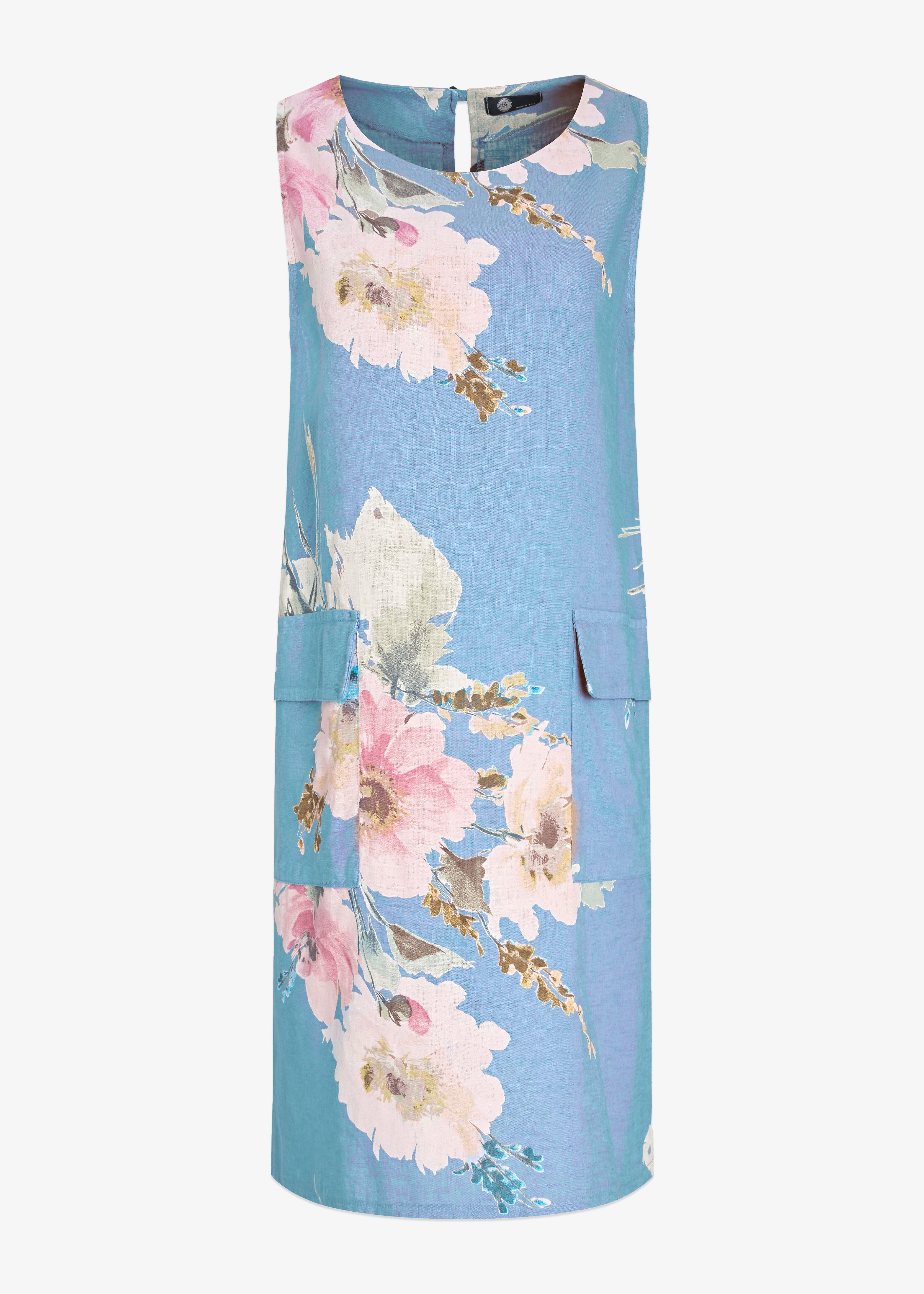 Robe marine zinnia en lin avec imprimé de fleurs roses et feuillage vert, deux poches, style féminin, fabriquée en Italie.