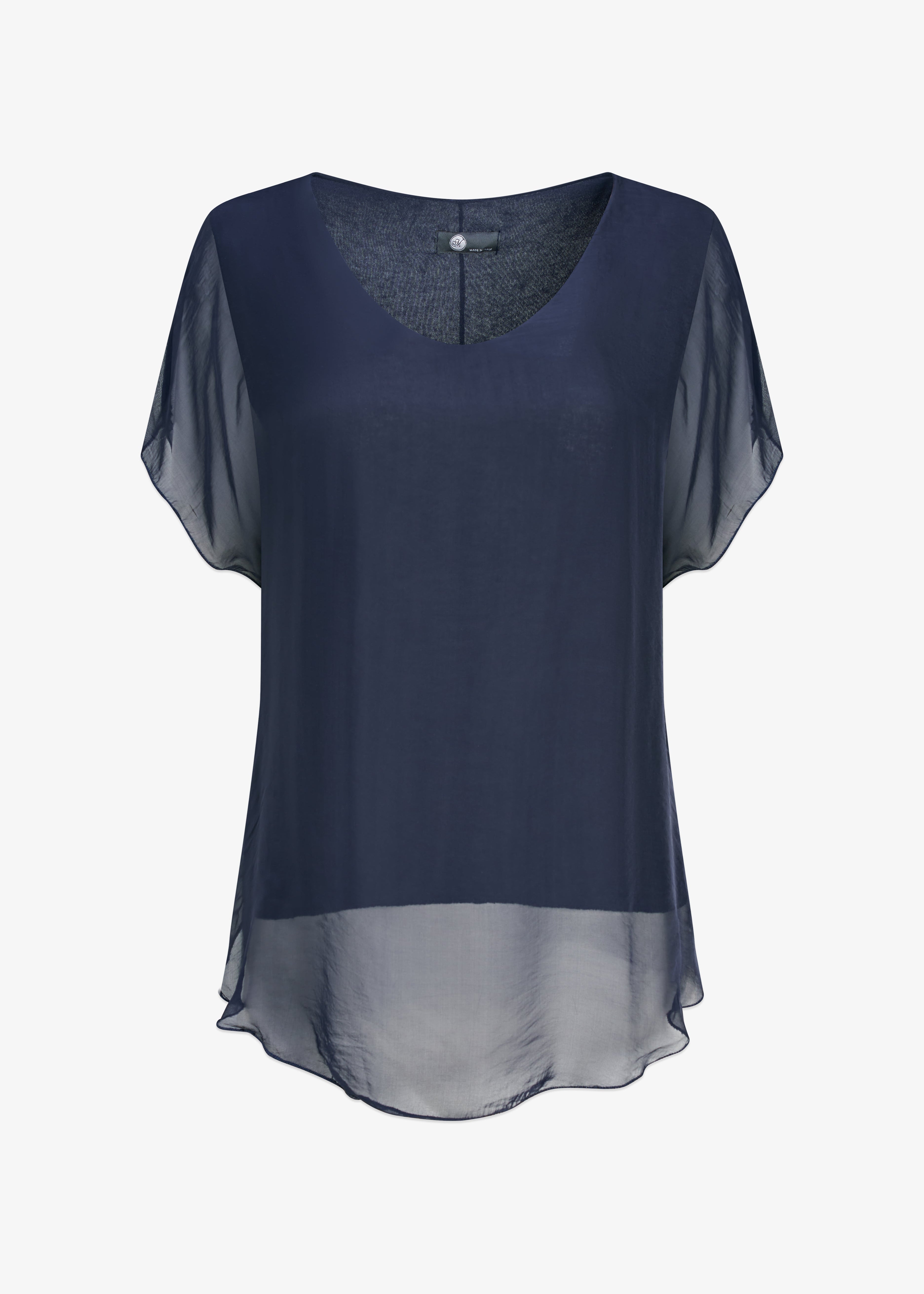 T-shirt fluide à manches courtes en mélange de soie et viscose, couleur bleu marine, affichant un fini légèrement satiné.