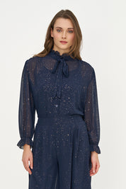 Blouse marine à boucle et reflets dorés, vue de face