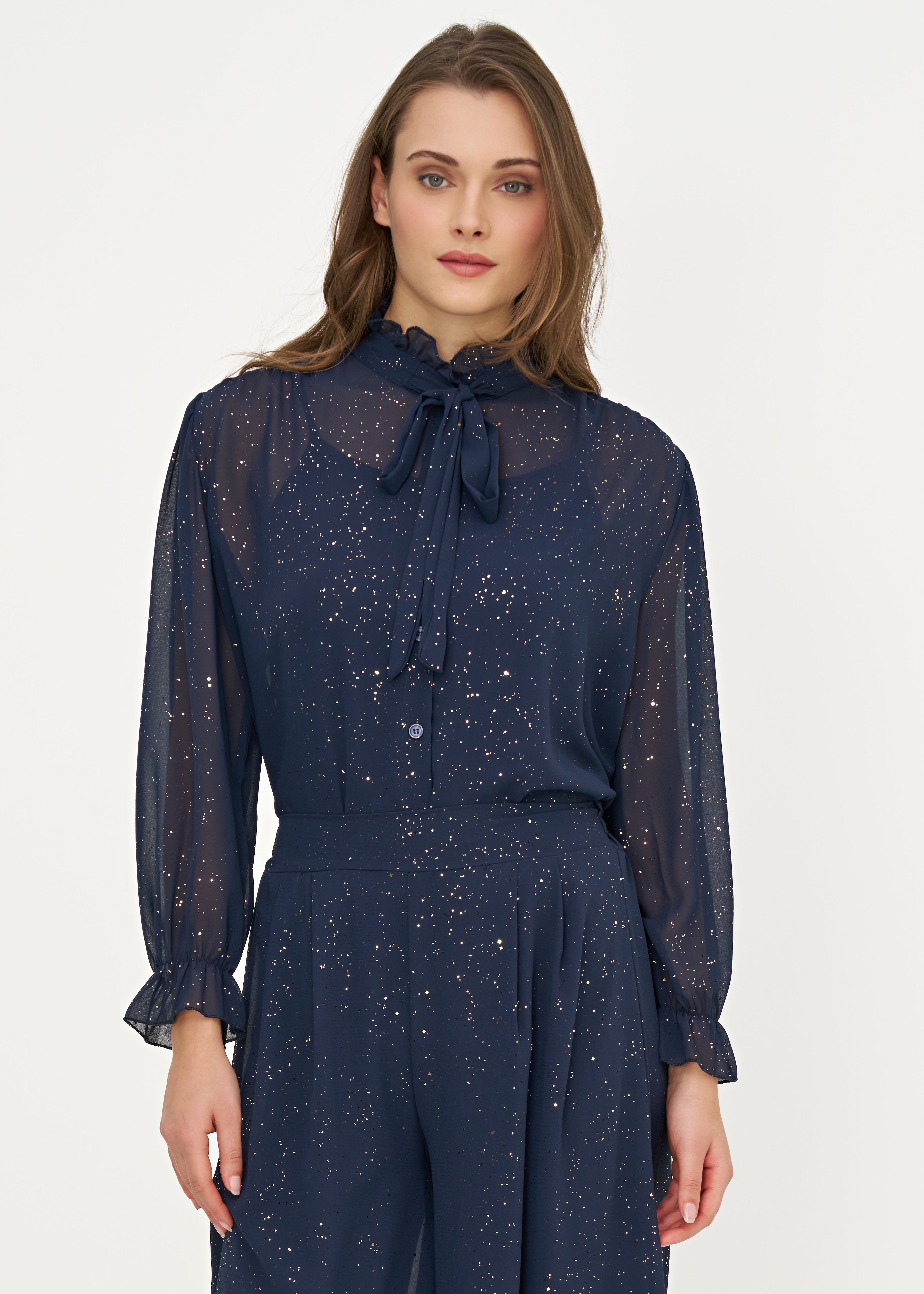 Blouse marine à boucle et reflets dorés, vue de face