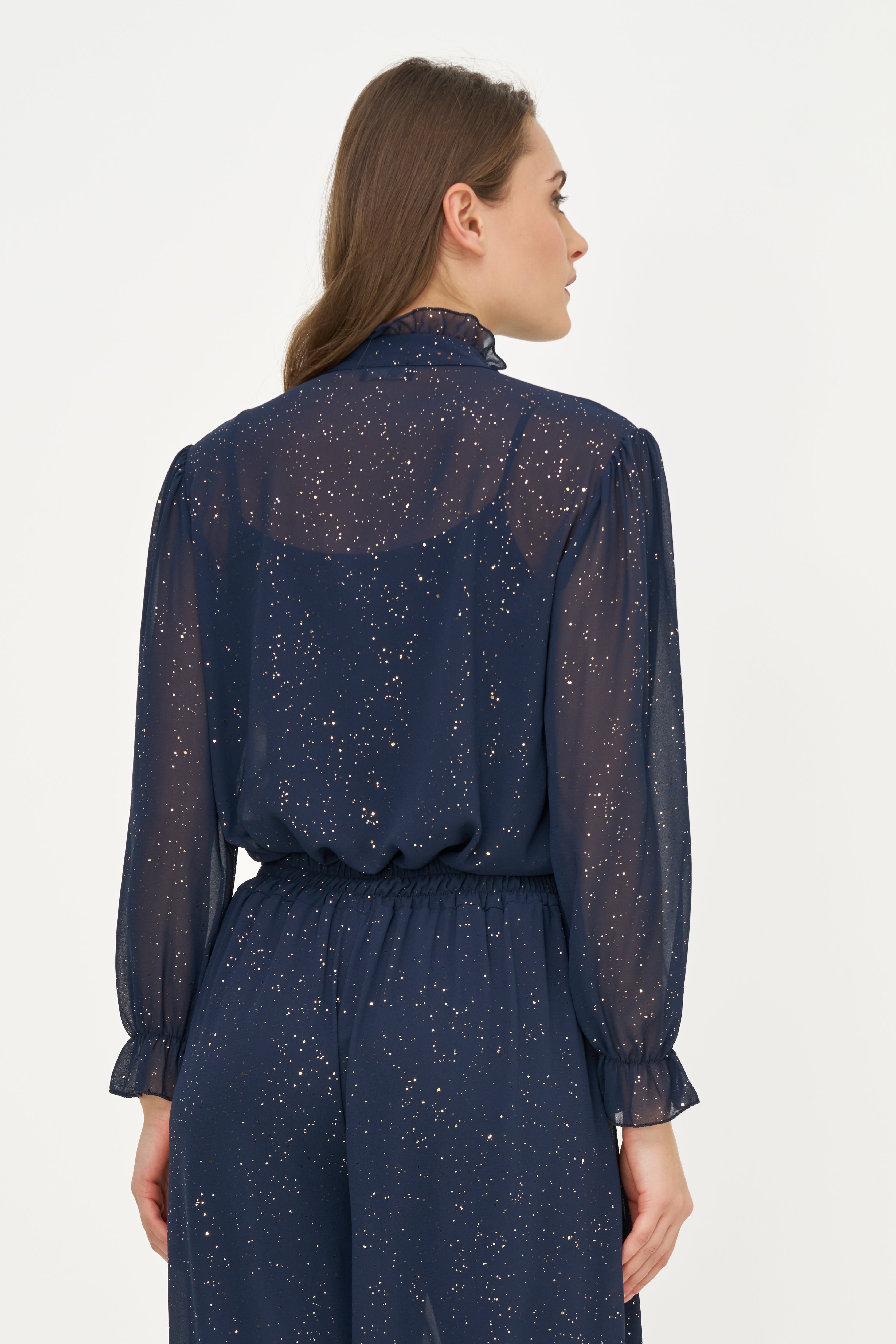 Blouse marine légèrement transparente à reflets dorés, vue de dos