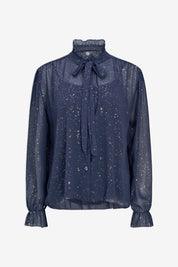 Blouse marine à boucle et poignets volantés, vue à plat