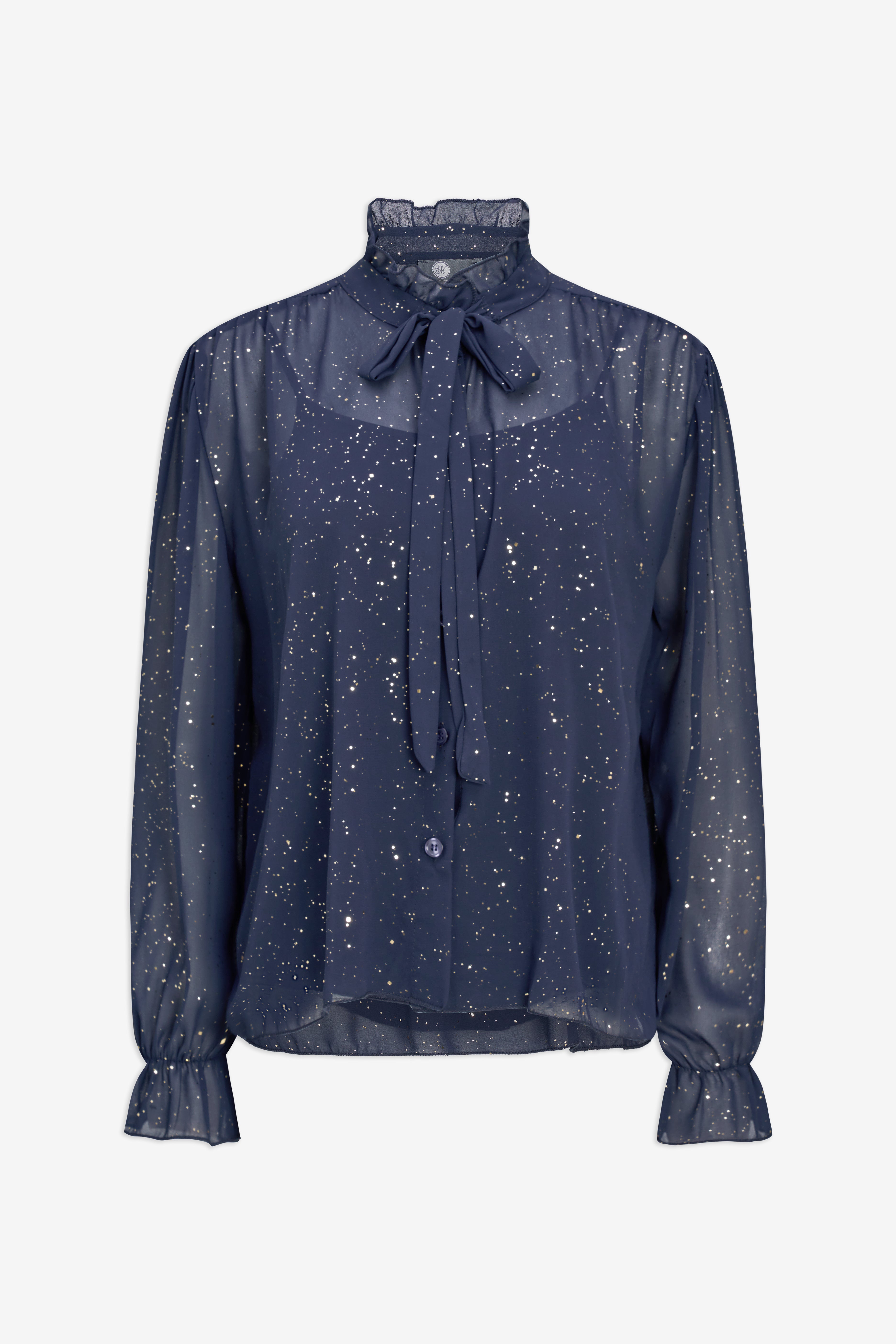 Blouse marine à boucle et poignets volantés, vue à plat