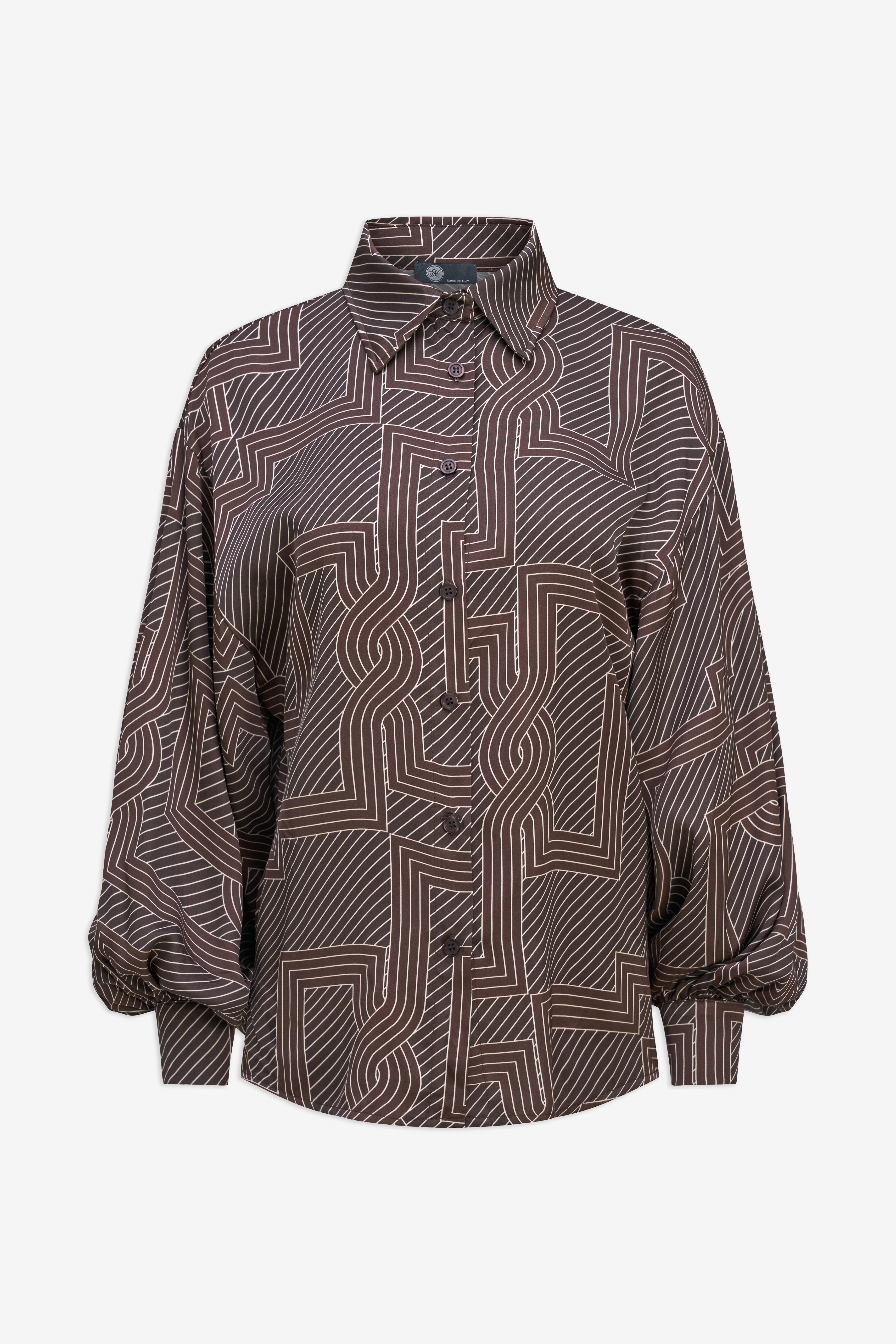 Blouse brune à motif géométrique et manches amples, vue à plat