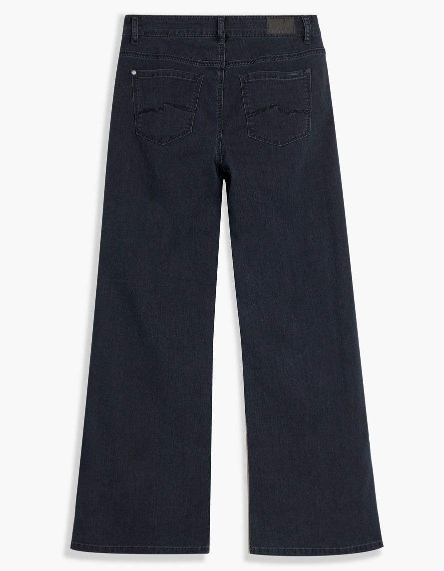 Jeans marine foncé à taille haute, jambe large et coutures verticales devant