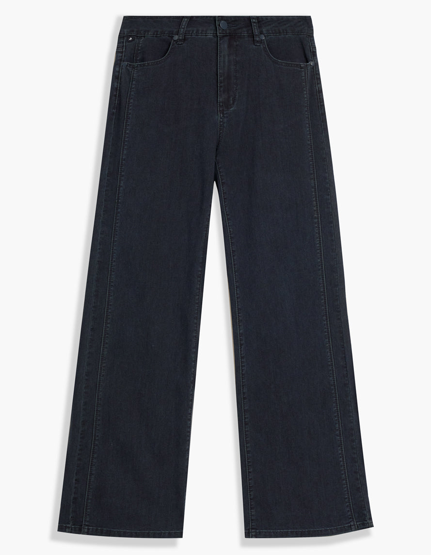 Jeans marine foncé à taille haute, jambe large et coutures verticales devant