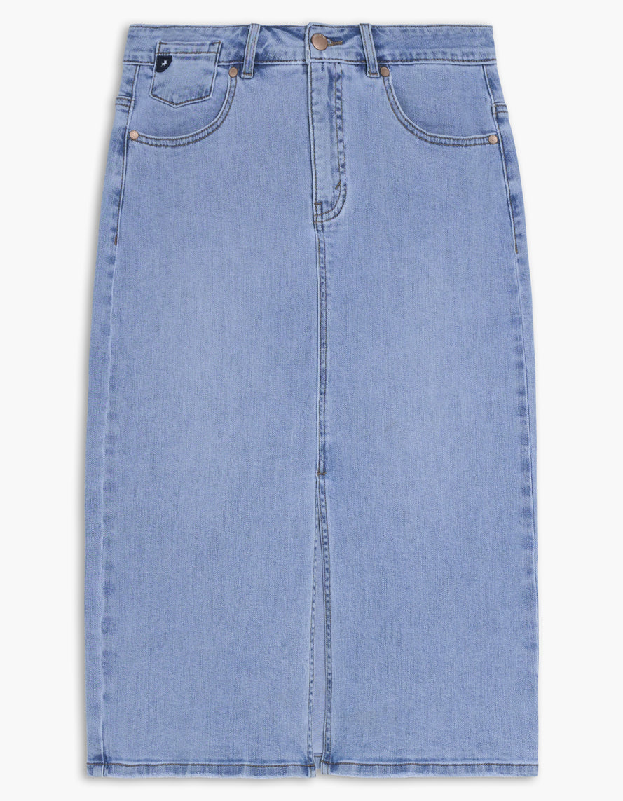Jupe longue en jeans bleach avec coupe droite, denim clair légèrement extensible et style décontracté facile à porter au quotidien.
