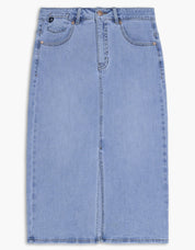 Jupe longue en jeans bleach avec coupe droite, denim clair légèrement extensible et style décontracté facile à porter au quotidien.