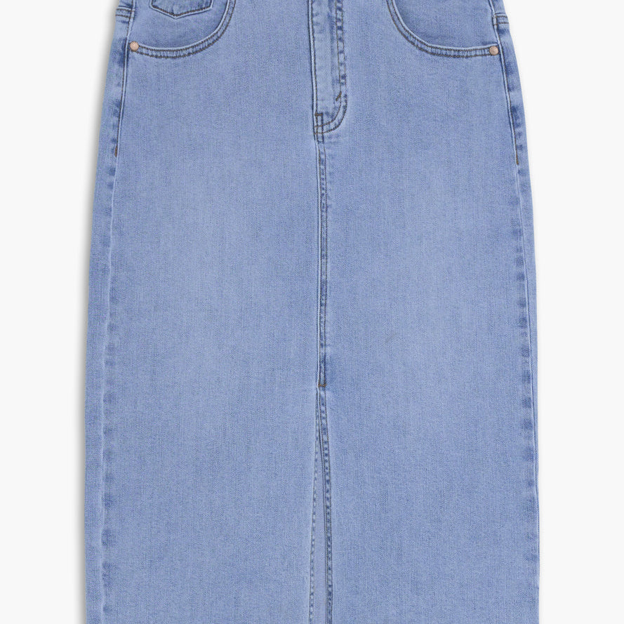 Jupe longue en jeans bleach avec coupe droite, denim clair légèrement extensible et style décontracté facile à porter au quotidien.