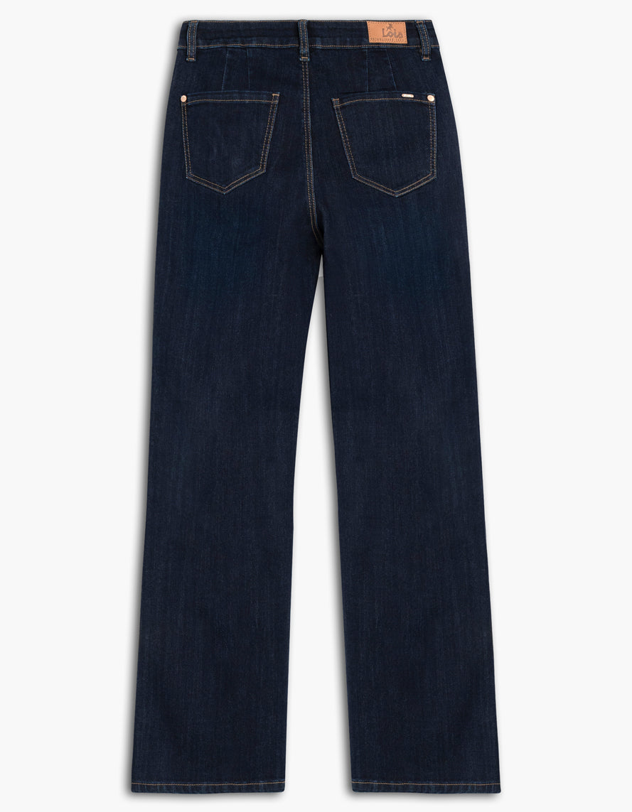Dos du jean jambe large de la compagnie Lois en denim foncé, avec 2 poches à l'avant et une doublure intérieure qui retient le ventre.