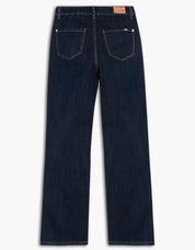 Dos du jean jambe large de la compagnie Lois en denim foncé, avec 2 poches à l'avant et une doublure intérieure qui retient le ventre.