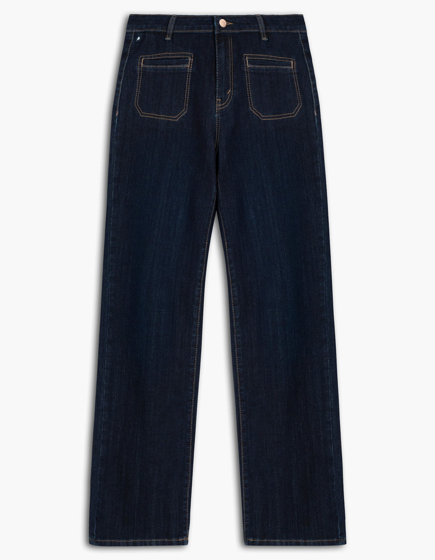 Jean jambe large de la compagnie Lois en denim foncé, avec 2 poches à l'avant et une doublure intérieure qui retient le ventre.