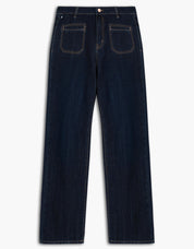 Jean jambe large de la compagnie Lois en denim foncé, avec 2 poches à l'avant et une doublure intérieure qui retient le ventre.