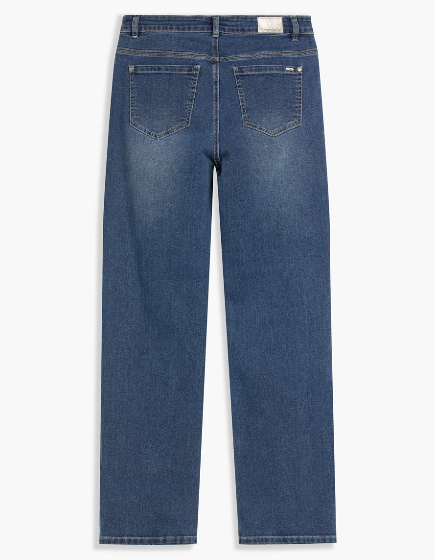 Jeans bleu stone wash à taille mi-haute, jambe large et revers au bas