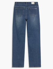 Jeans bleu stone wash à taille mi-haute, jambe large et revers au bas
