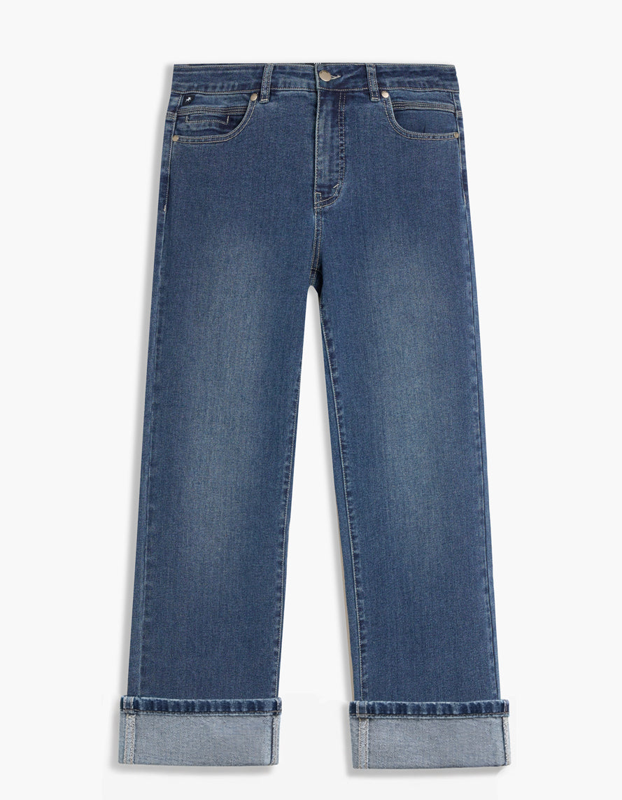 Jeans bleu stone wash à taille mi-haute, jambe large et revers au bas