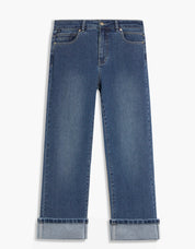 Jeans bleu stone wash à taille mi-haute, jambe large et revers au bas