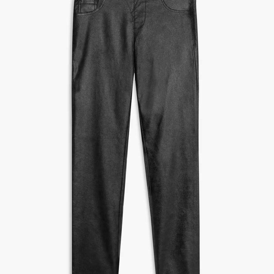 Pantalon noir droit pour femme, en suède végan super extensible (94% polyester, 6% élasthanne), avec doublure intérieure gainant. Marque Lois.