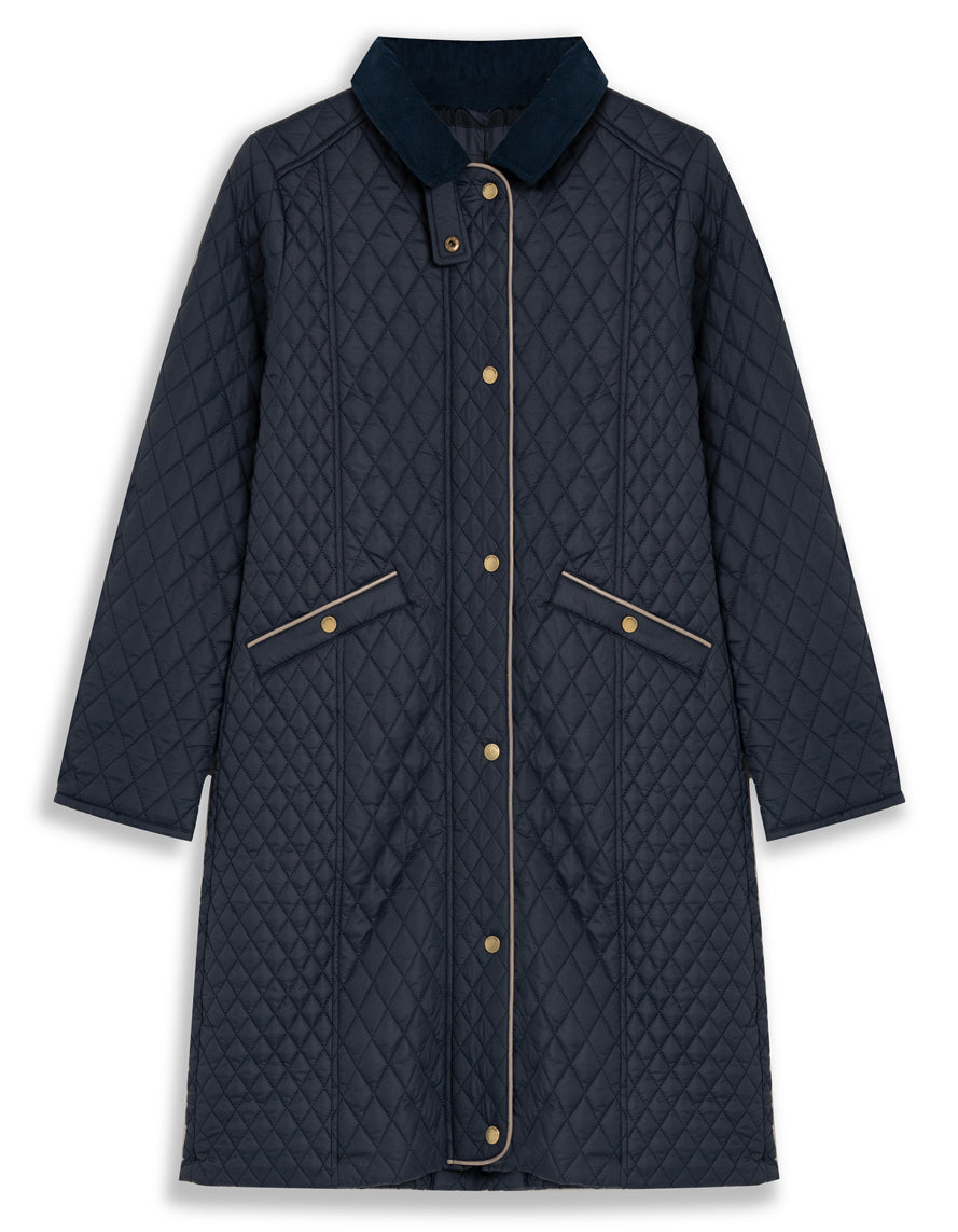Manteau marine matelassé en losanges avec col polo et boutons-pression dorés