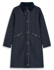 Manteau marine matelassé en losanges avec col polo et boutons-pression dorés