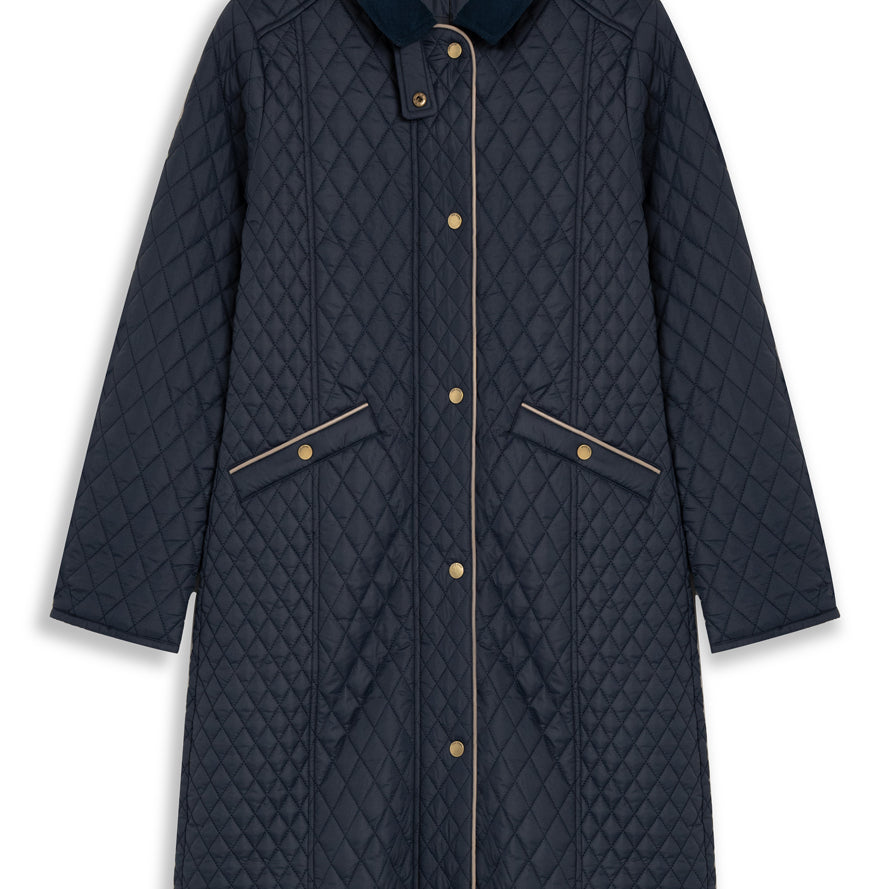 Manteau marine matelassé en losanges avec col polo et boutons-pression dorés