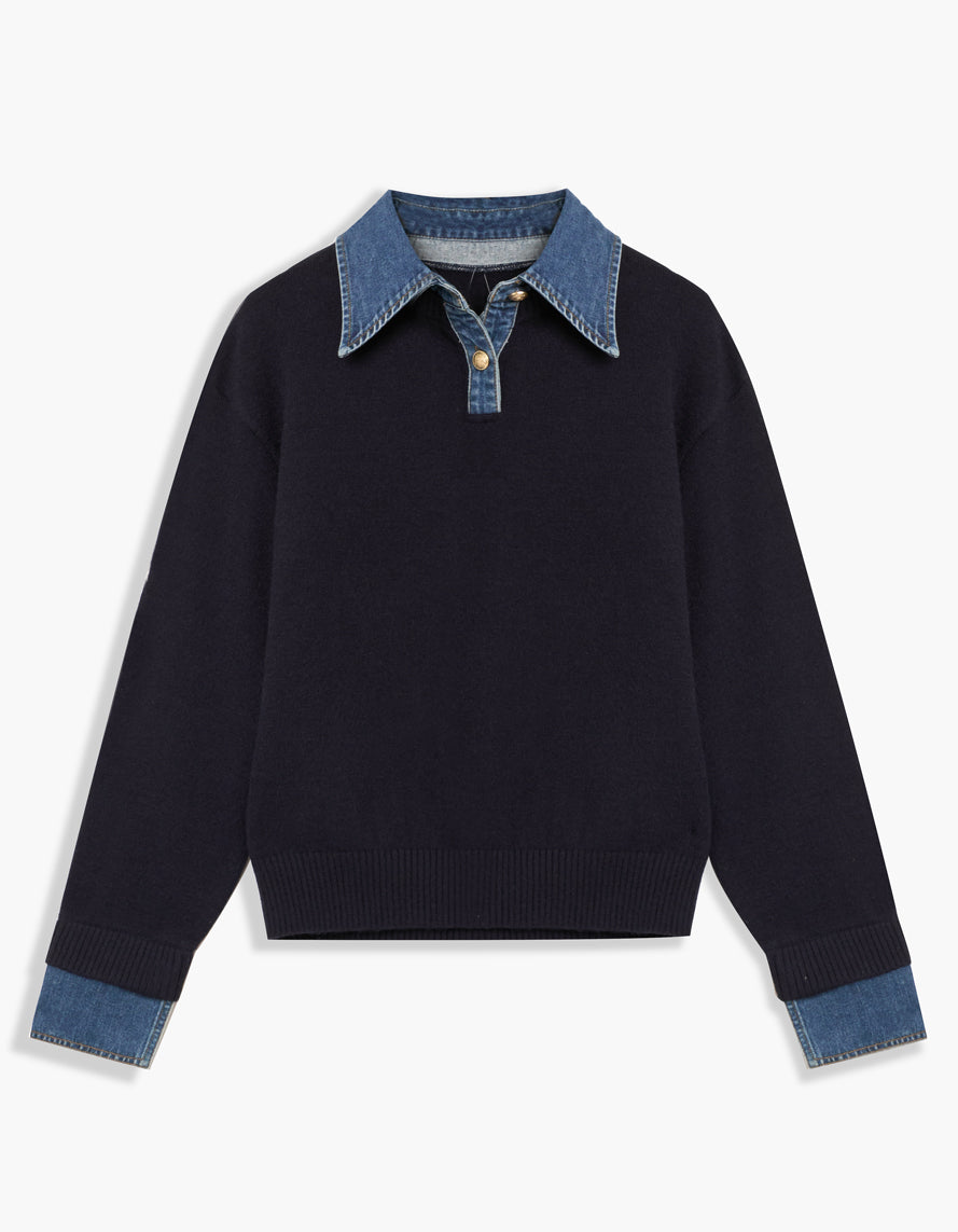 Chandail marine avec col, patte boutonnée et poignets contrastants en denim