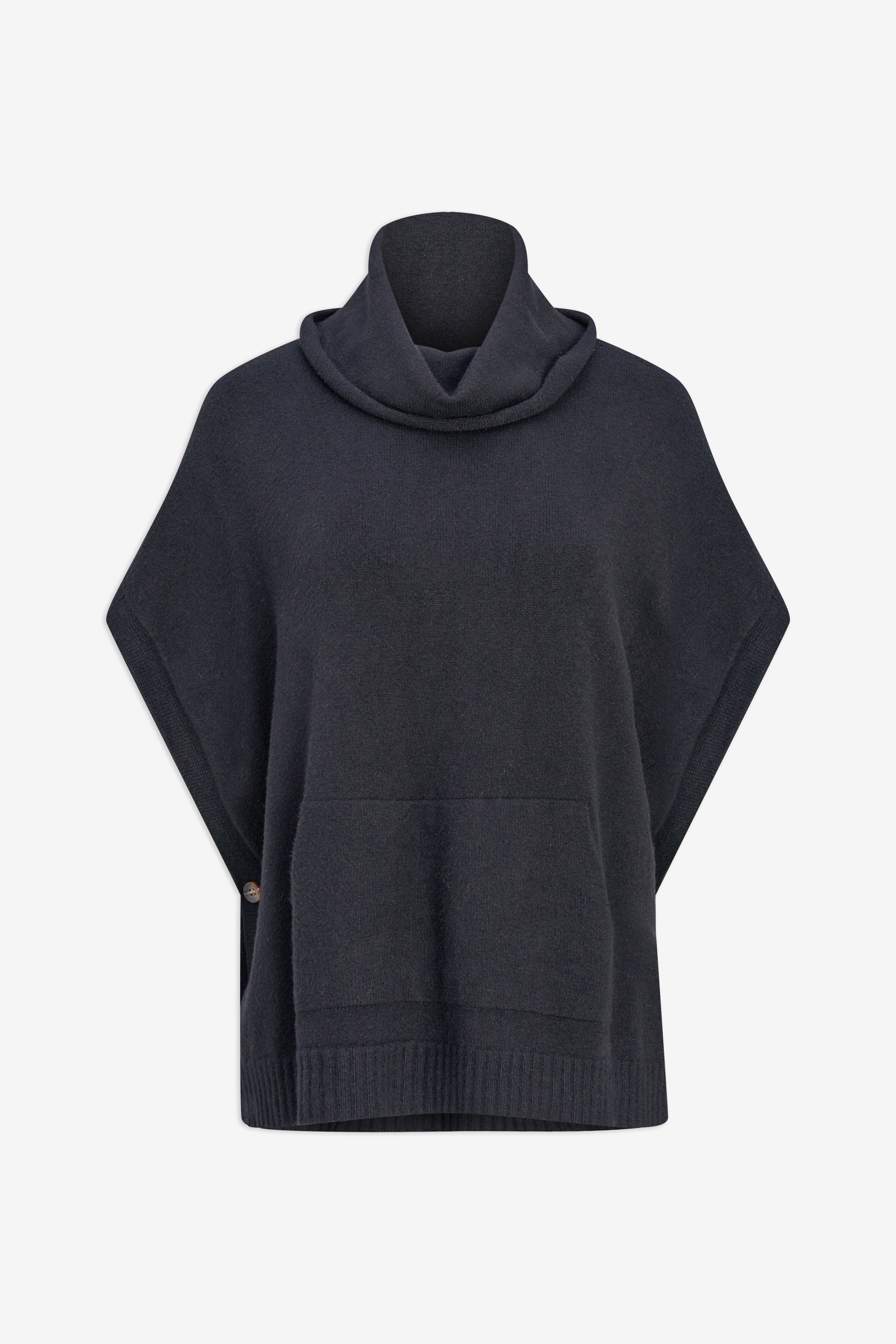 Poncho noir à col roulé avec grande poche devant, vue à plat