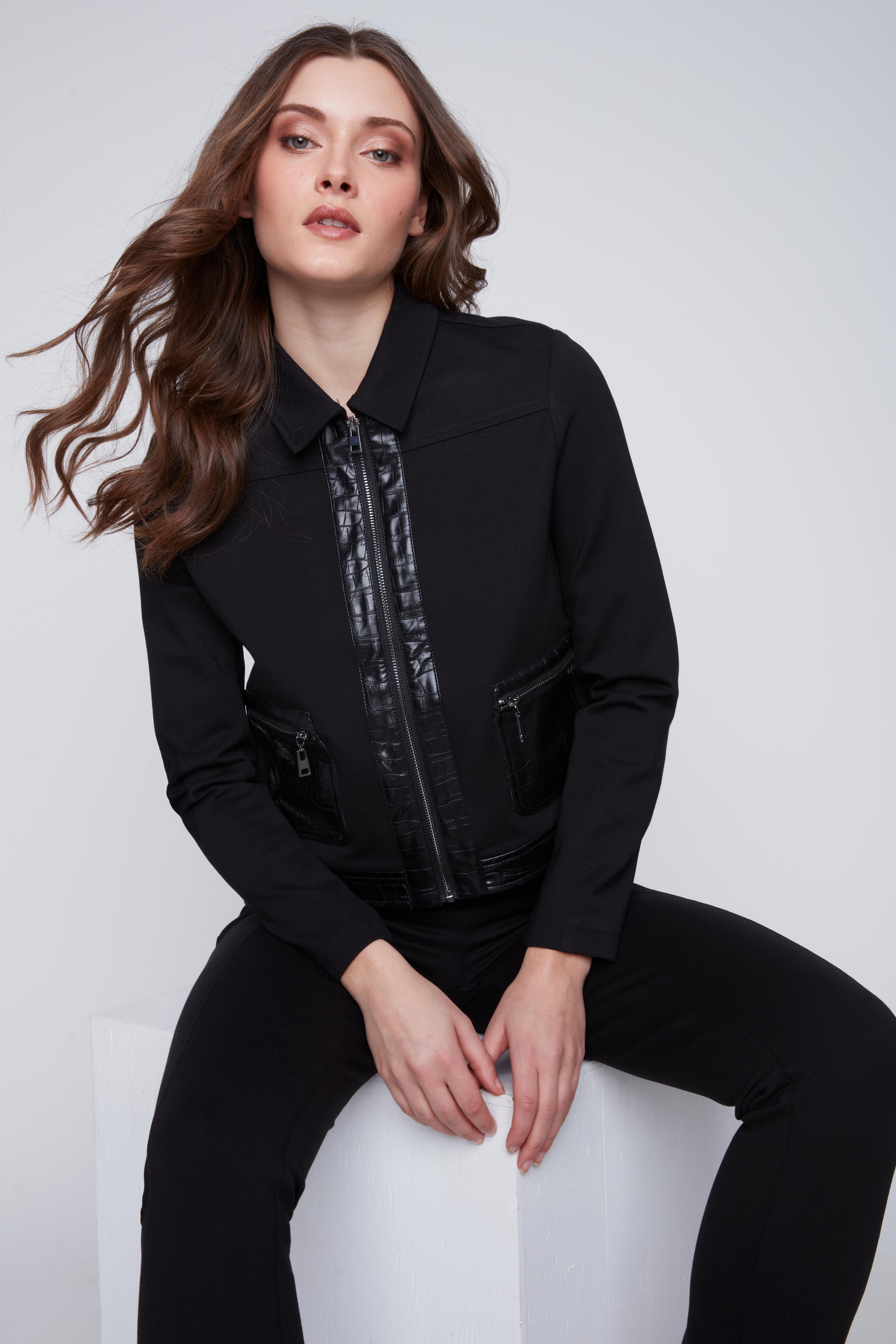 Cardigan à Fermeture Éclair Détails en Cuir végan