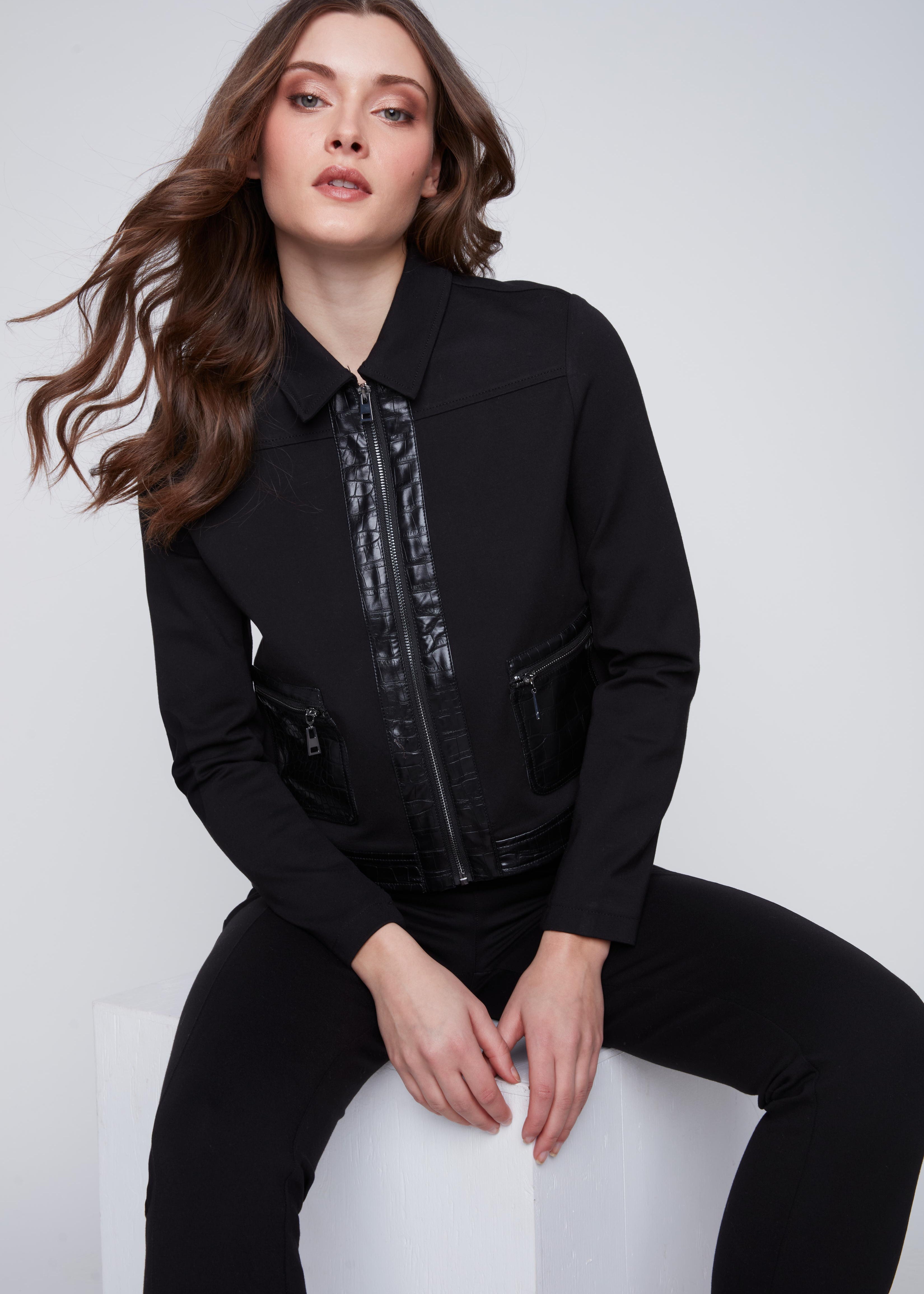 Cardigan noir zippé pour femme, en tricot avec des empiècements en cuir végan (PU). Composition du tricot : 68% Rayonne, 28% Nylon, 4% Spandex. Marque Coco Y Club.