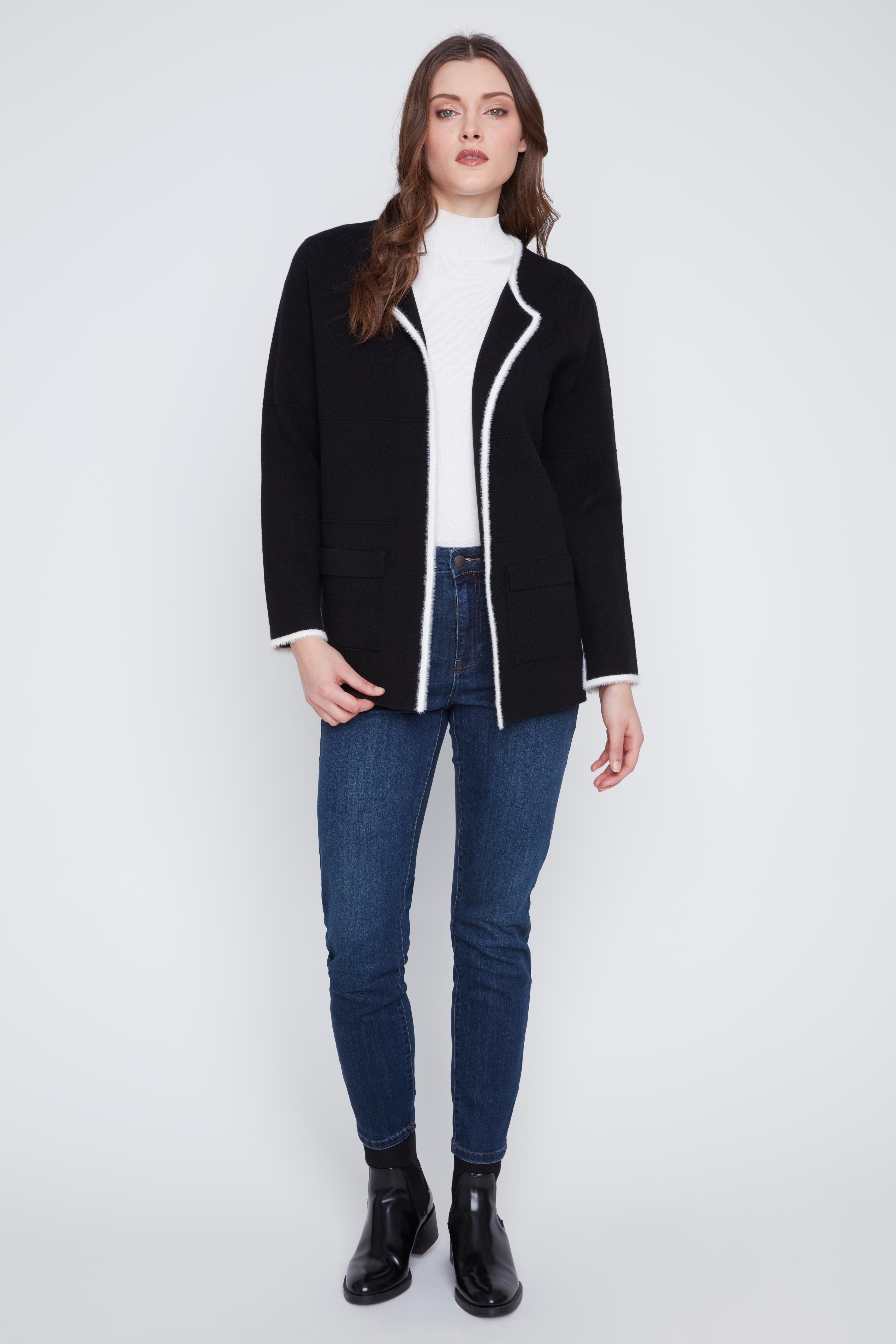 Cardigan en Tricot Bordures à Bordures Blanches