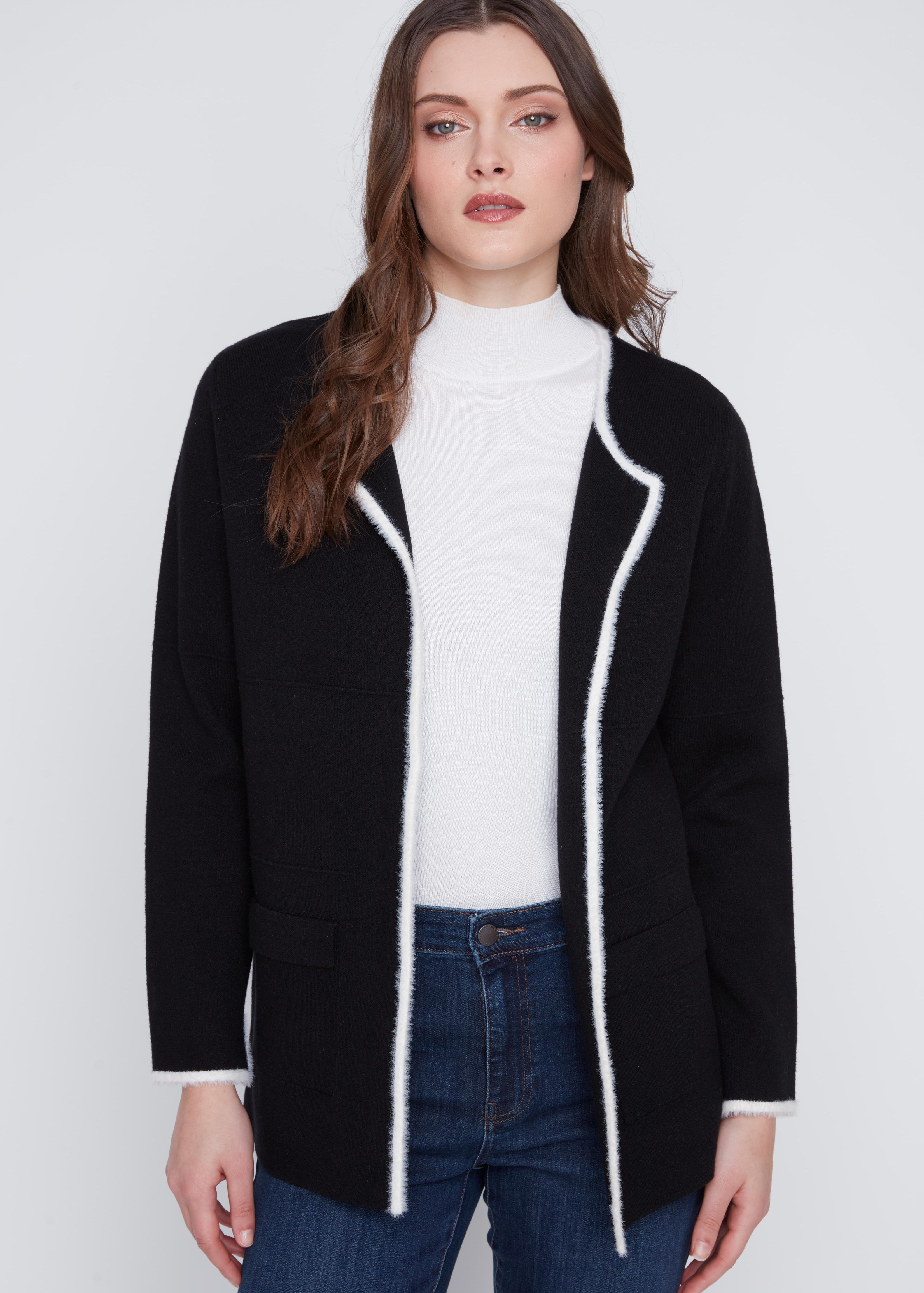 Cardigan en Tricot Bordures à Bordures Blanches