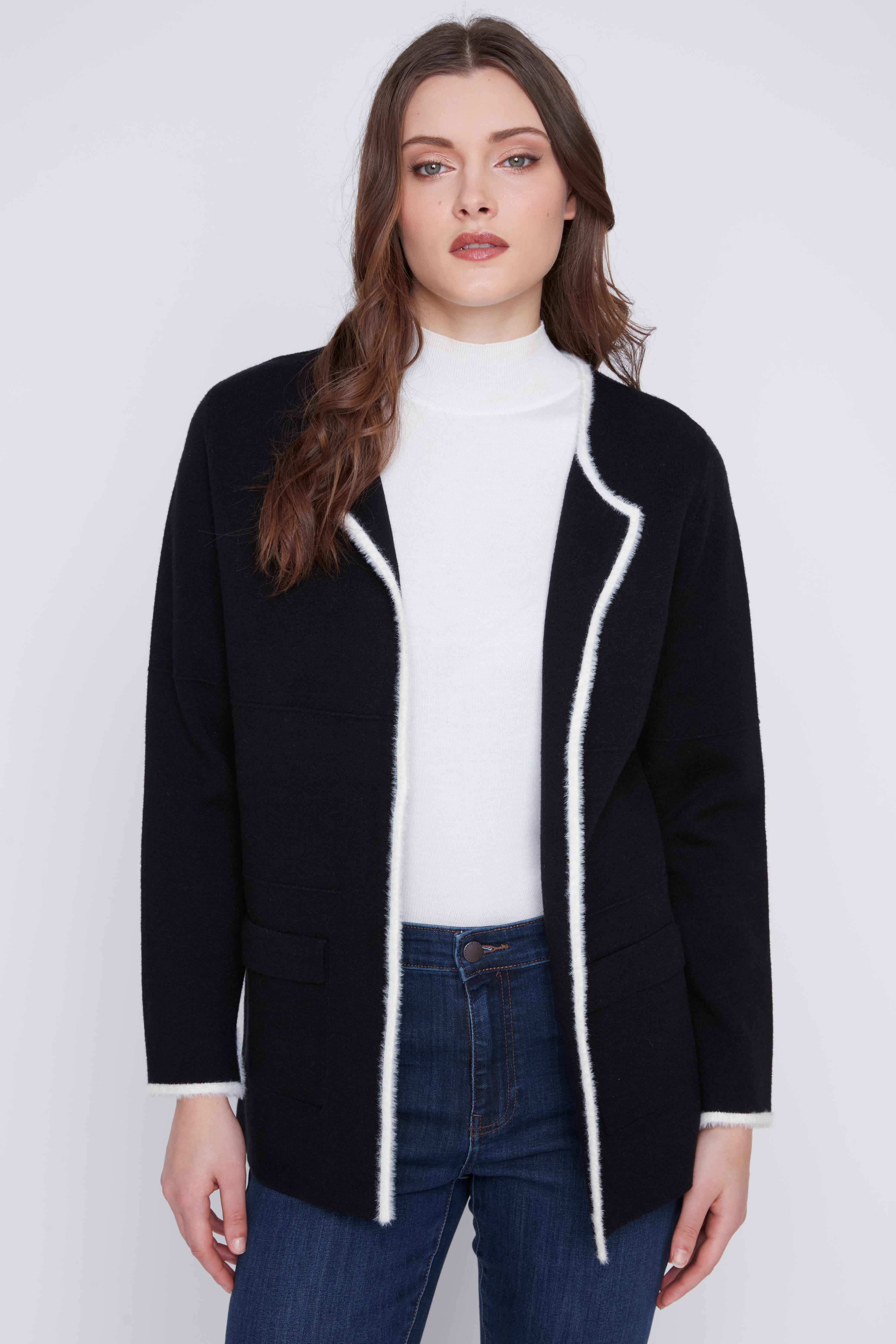 Cardigan en Tricot Bordures à Bordures Blanches