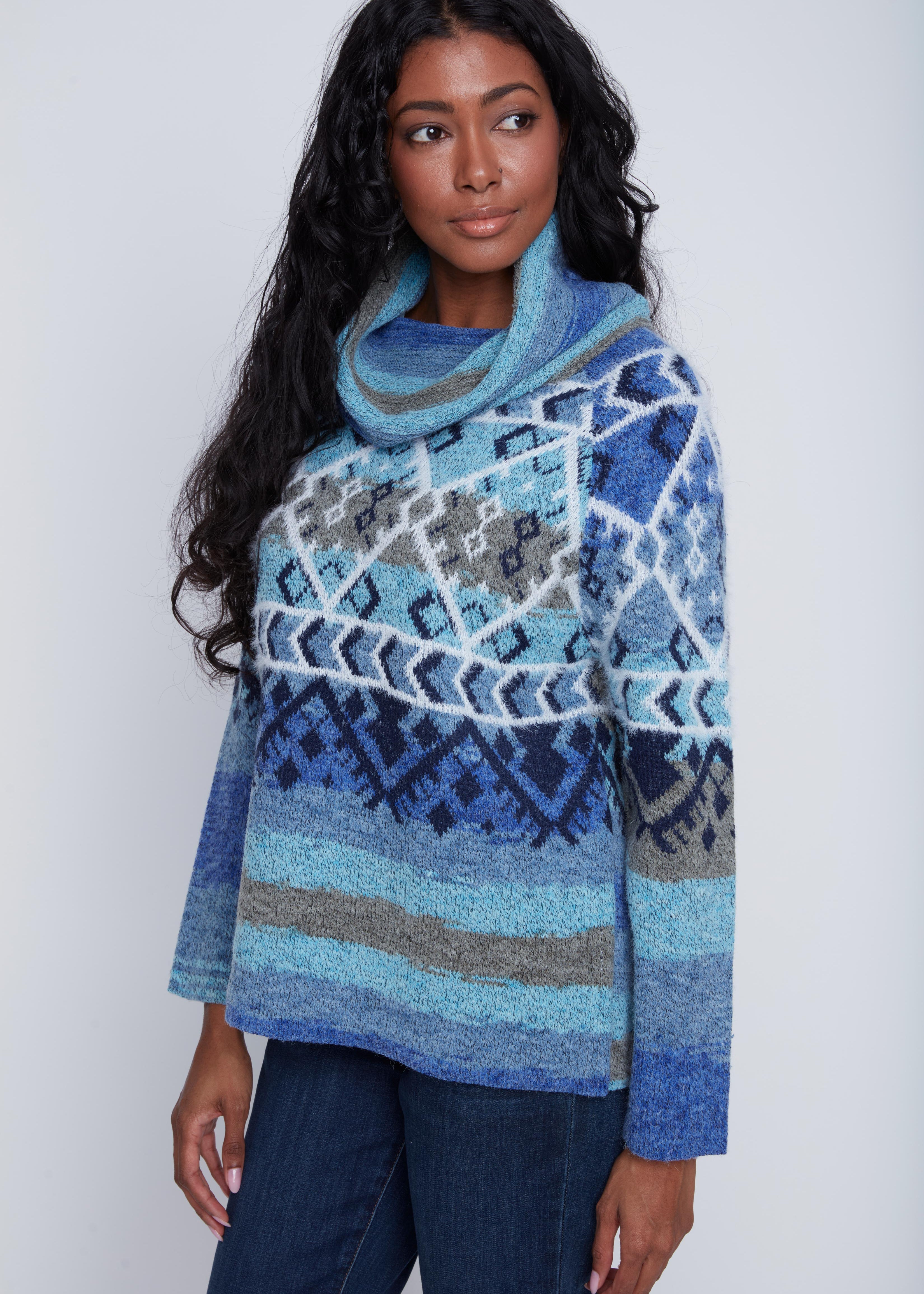 Chandail Tricot Col Baveux Motif Azthéque