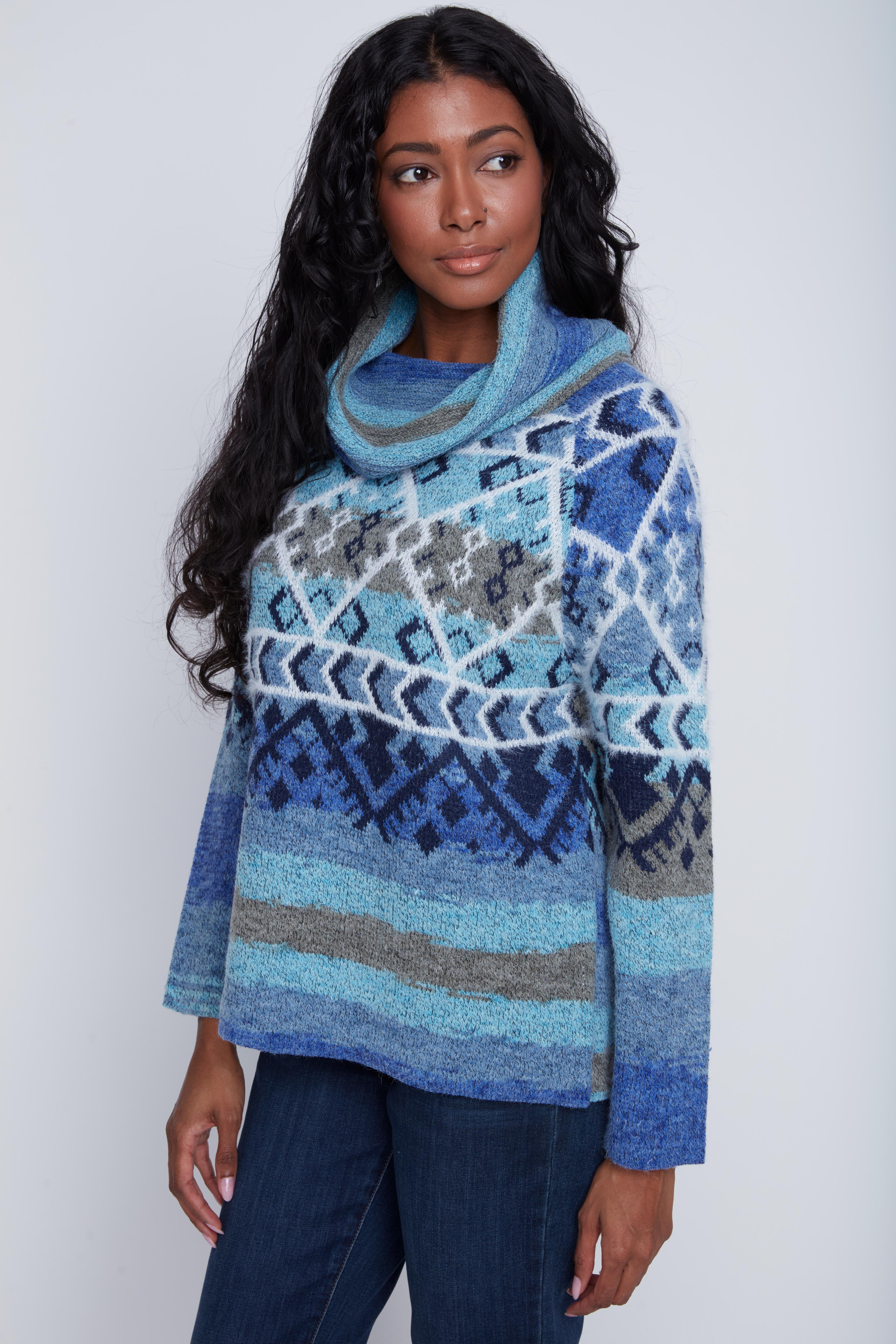 Chandail Tricot Col Baveux Motif Azthéque