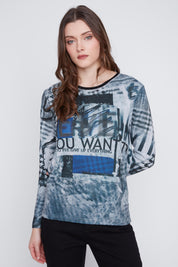 Chandail léger à manches longues pour femme, imprimé polyvalent, couleur gris bleu. Tissu extensible 95% polyester, 5% spandex. Marque Coco Y Club.