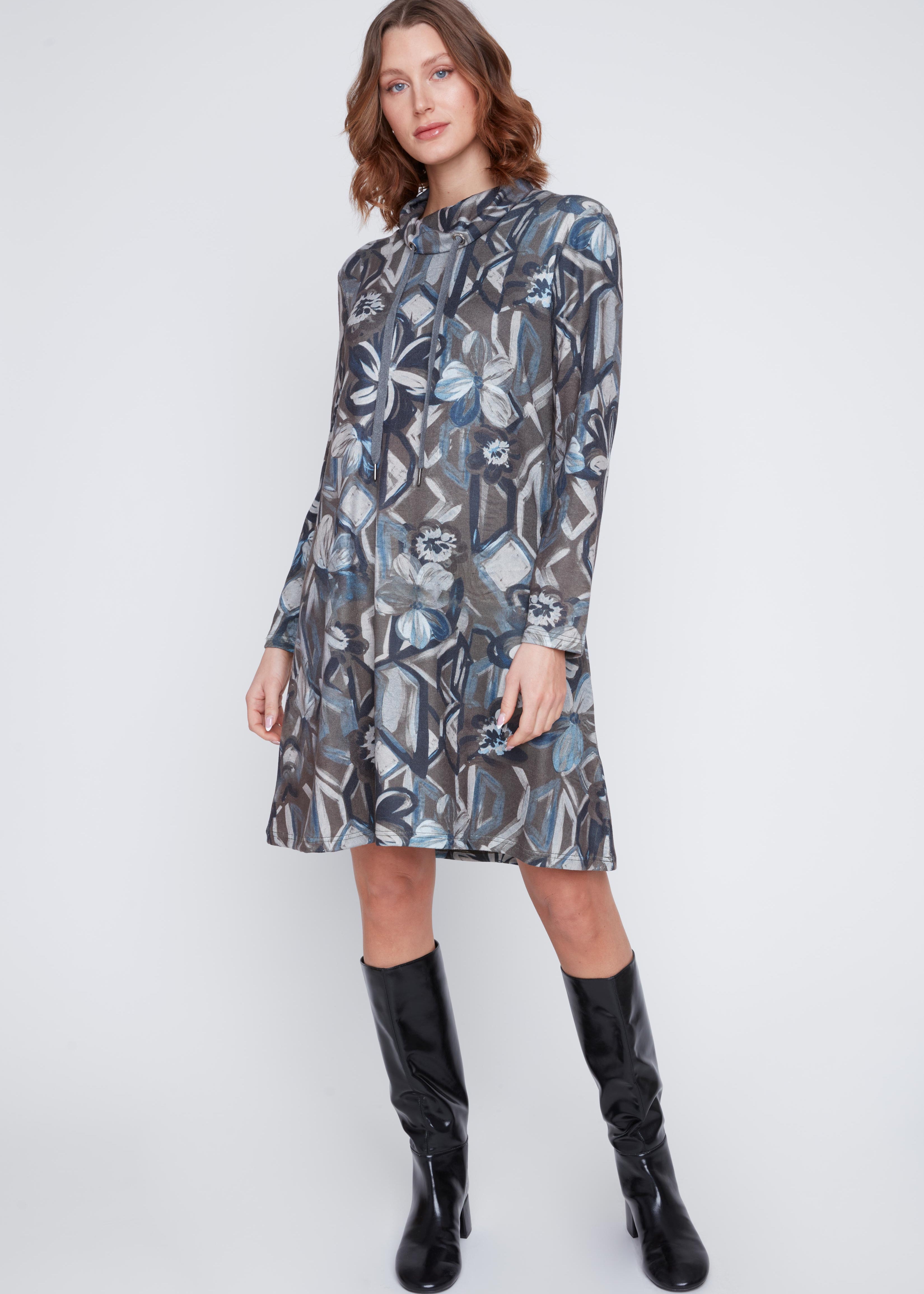 Robe Imprimé Col Baveux avec Cordons