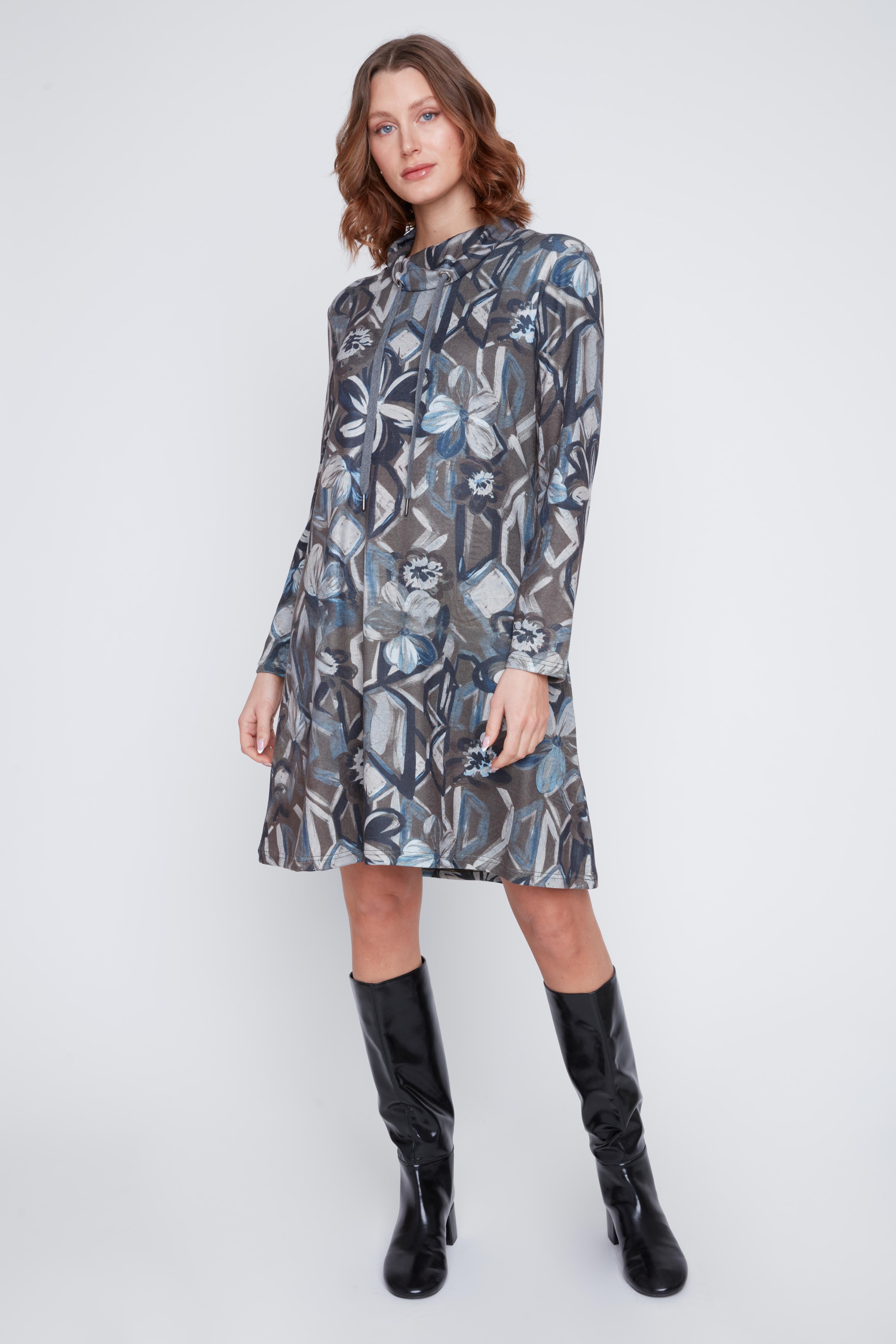 Robe Imprimé Col Baveux avec Cordons