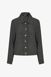 Veston en lin avec revers classiques et poches latérales, disponible en noir profond et brun terreux.